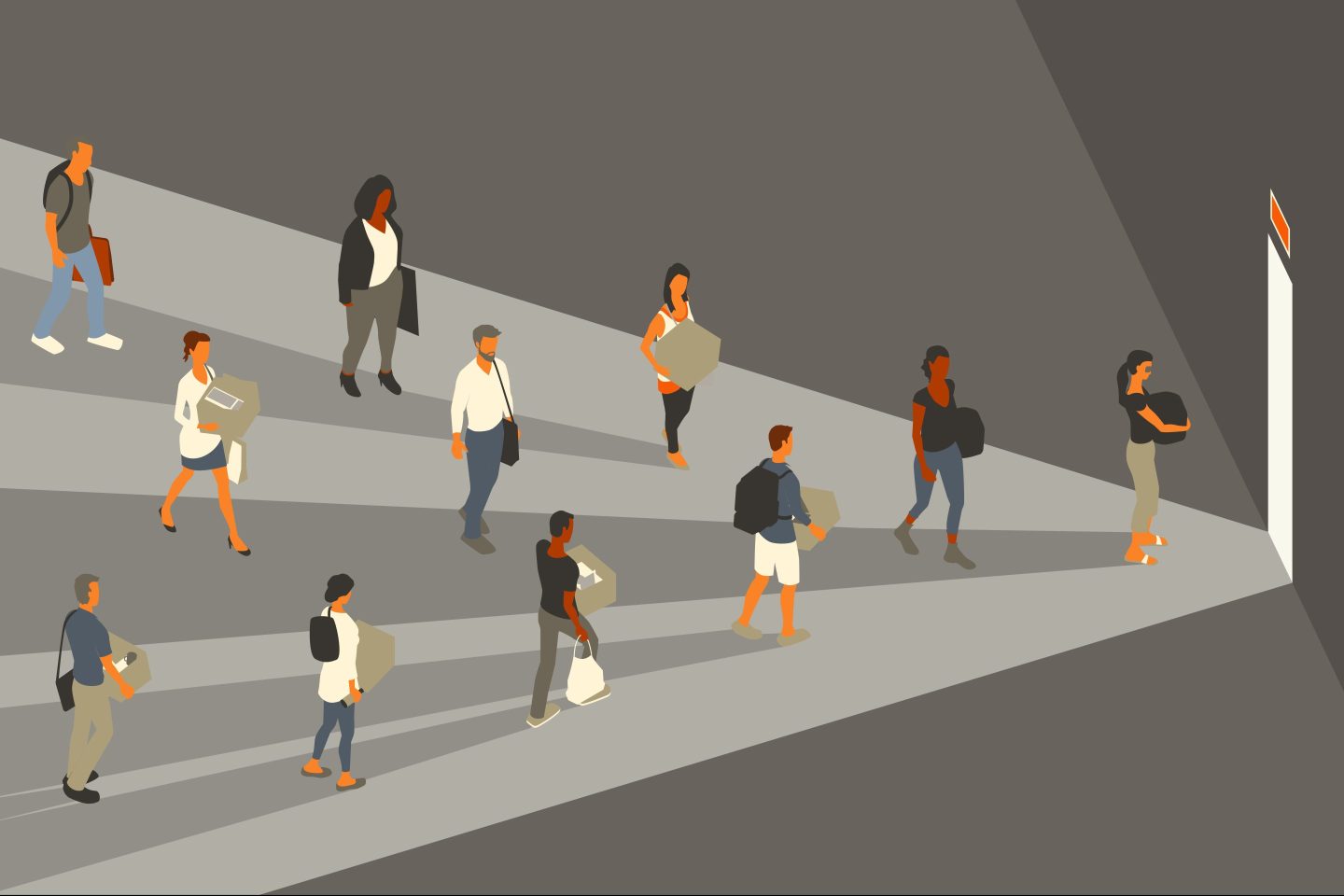 Illustration of 11 people walking through a large, dark room towards the exit door.