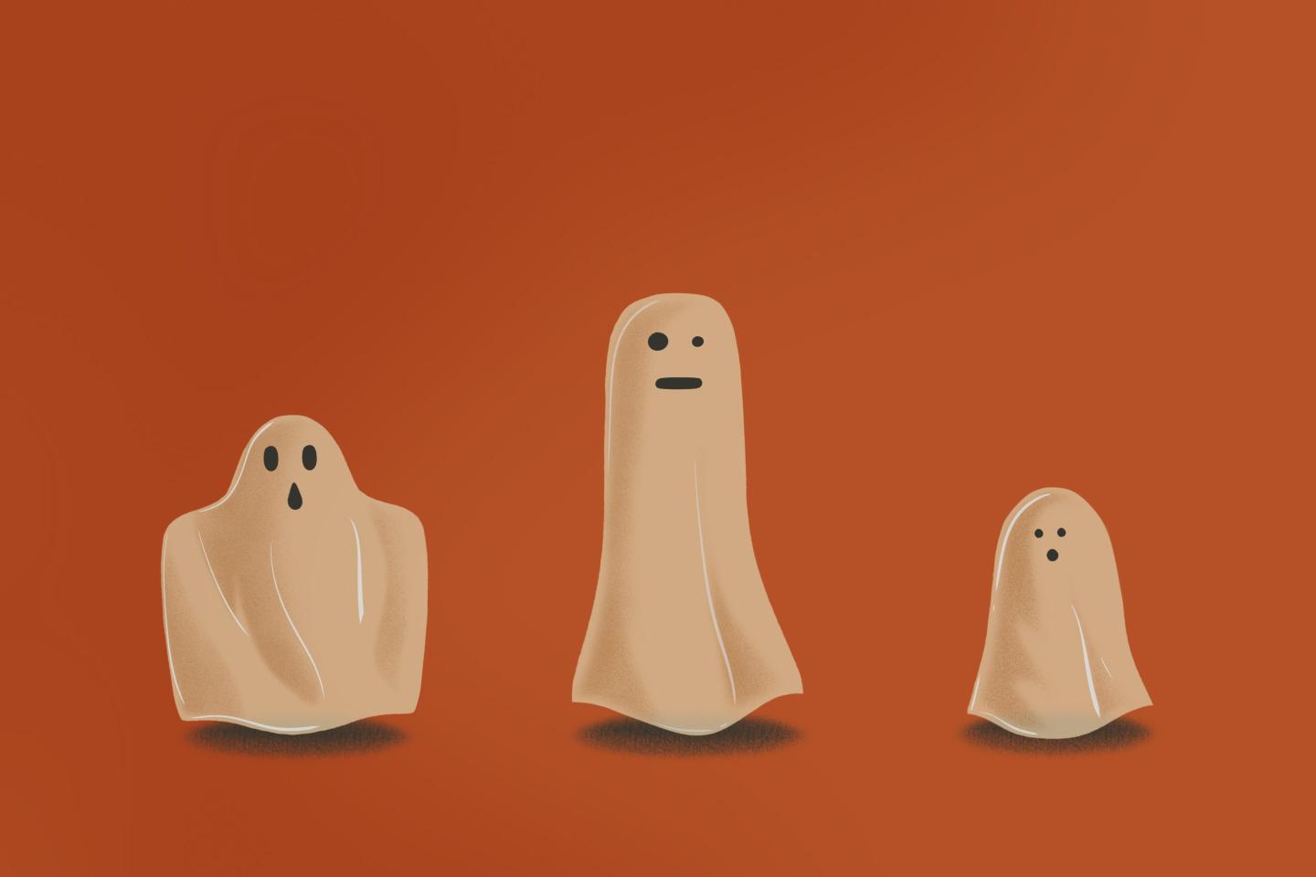 Group of cute ghosts lined up on orange background. Perfect image for a card. Halloween Concept Illustration.