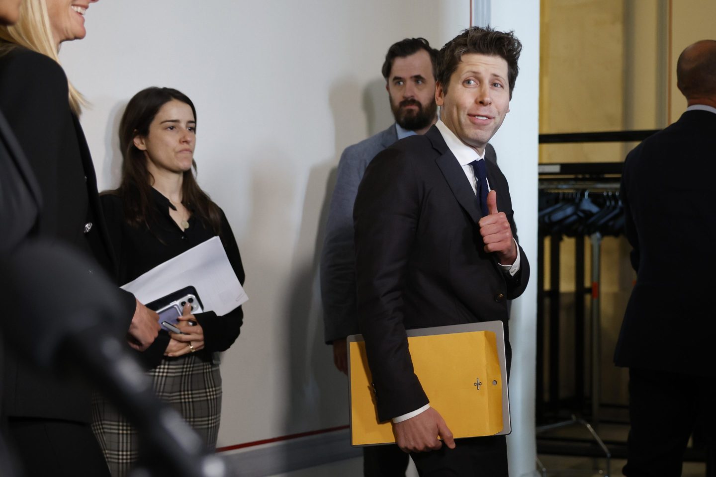 OpenAI CEO Sam Altman gives a thumbs-up as he departs the closed-door "AI Insight Forum" outside the Kennedy Caucus Room in the Russell Senate Office Building on Capitol Hill on Sept. 13, 2023 in Washington, DC.