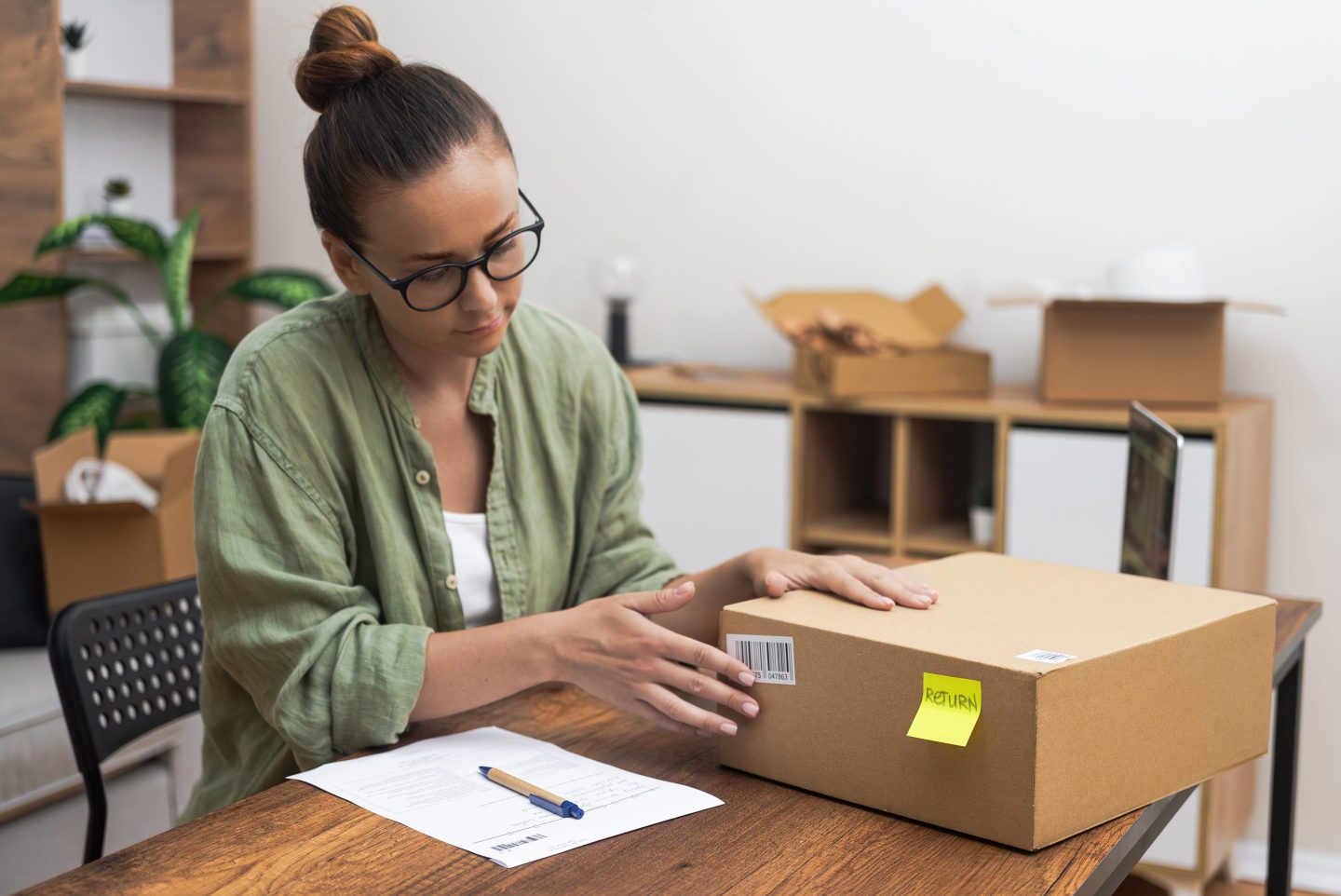 Woman sits at a table writing a return order for a package.