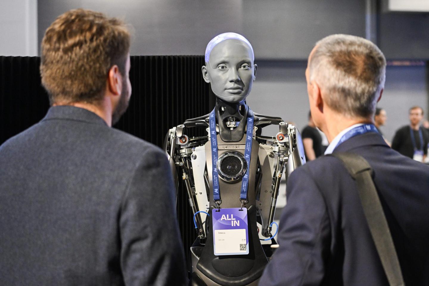 An Engineered Arts Ameca robot at an IVADO Labs exhibit during the All In event in Montreal, Quebec, Canada, on Wednesday, Sept. 27, 2023.