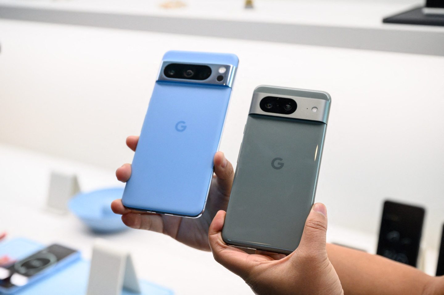 Google Pixel 8 and Google Pixel 8 Pro phones are displayed during a Google product launch event in New York on October 4, 2023.