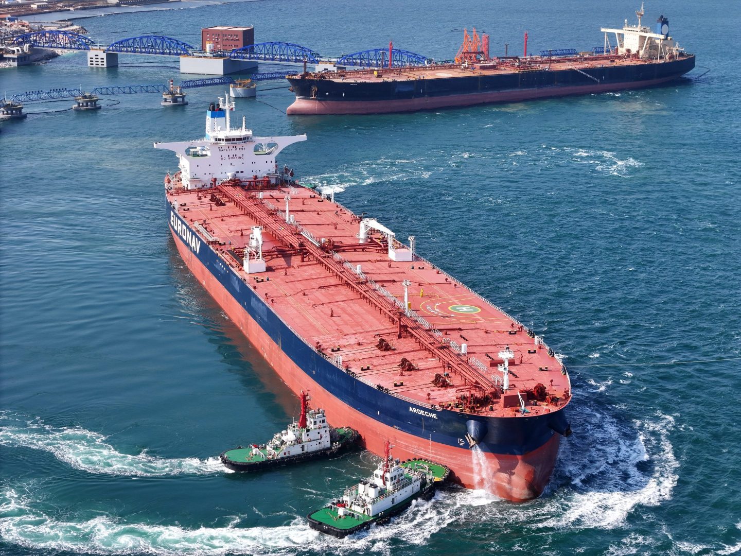A large oil tanker leaves the 300,000-ton crude oil terminal at Yantai Port in Shandong province, China, Oct 15, 2023.