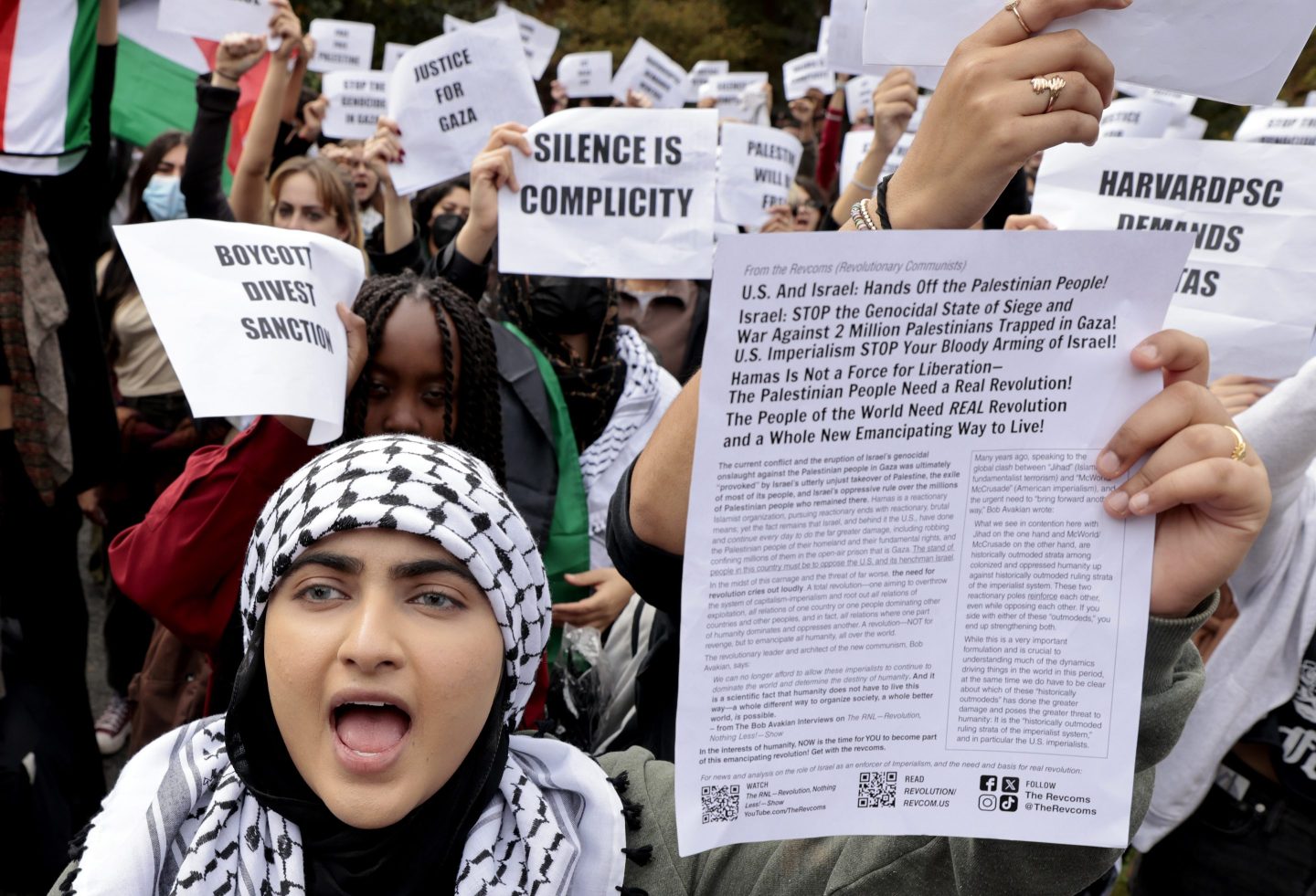 A pro-Palestinian protest of Harvard students and their supporters, ends on the lawn behind Klarman Hall, at Harvard Business School.