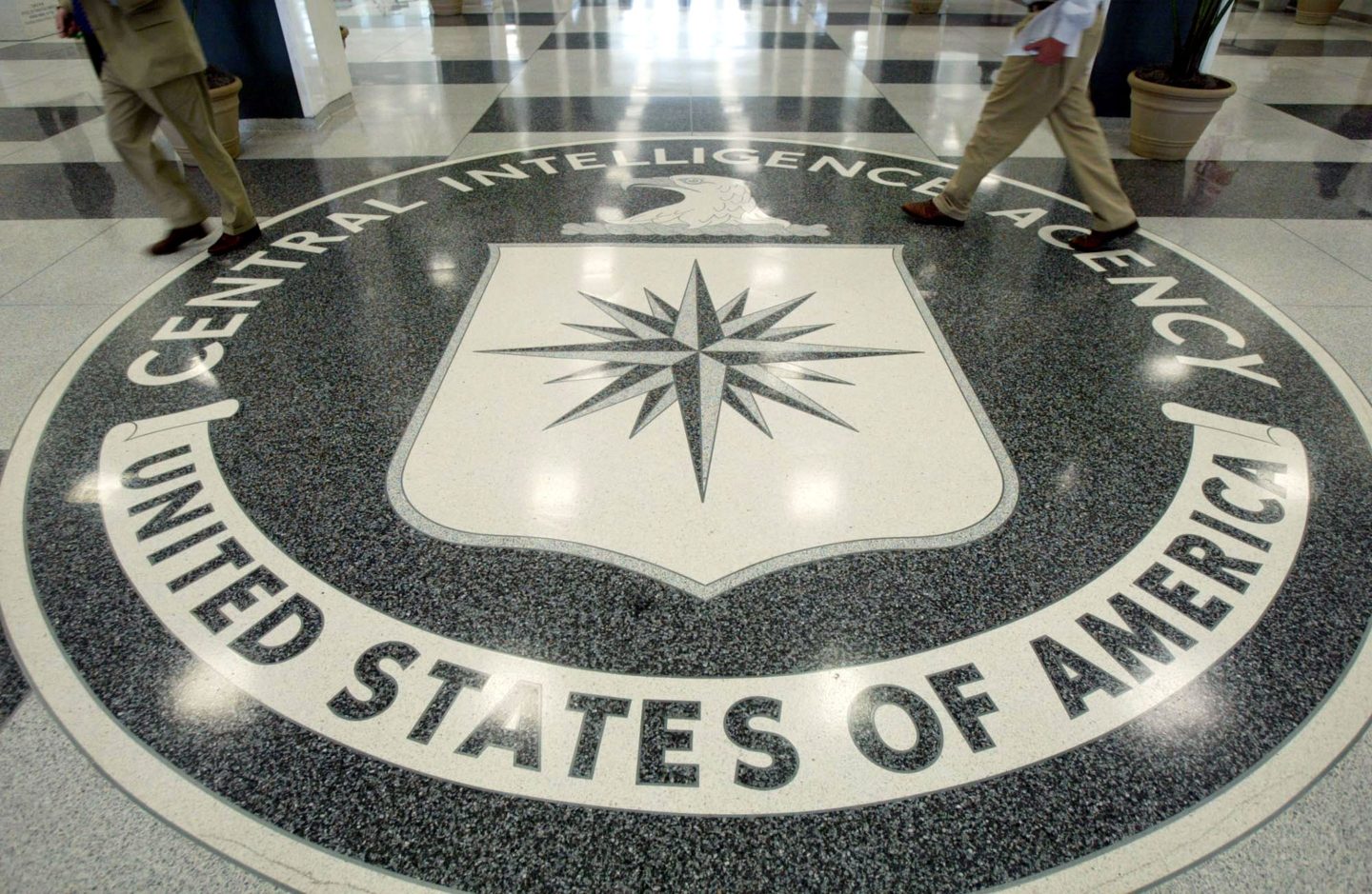 The CIA symbol is shown on the floor of CIA Headquarters, July 9, 2004 at CIA headquarters in Langley, Virginia.
