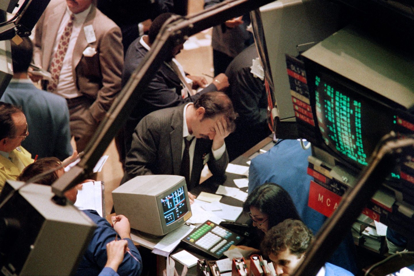 The New York Stock Exchange on Oct. 19, 1987, as stocks are devastated during one of the most frantic days in the exchange’s history.