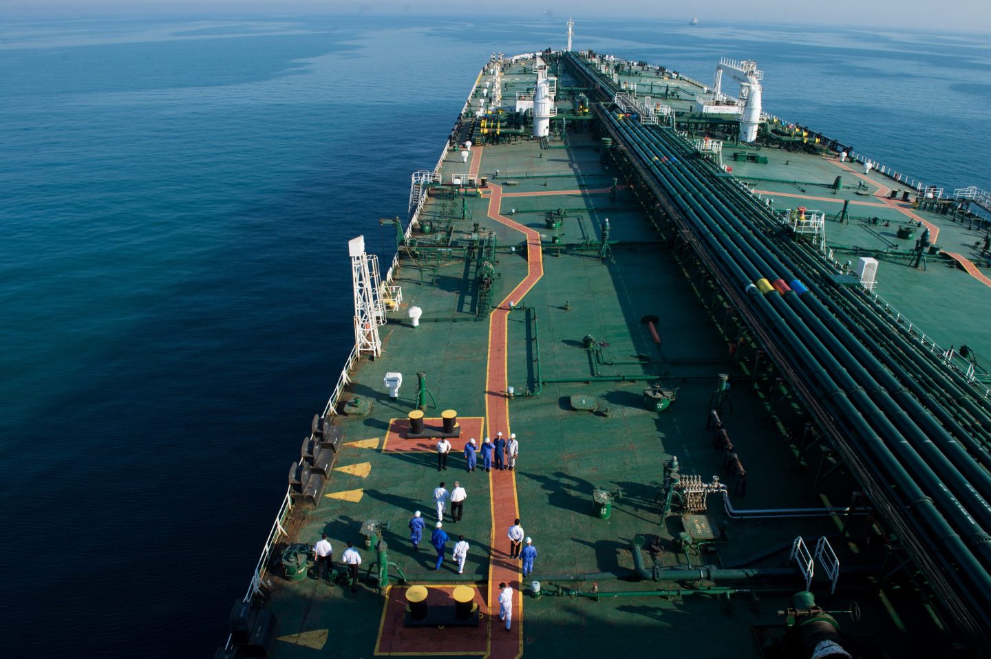 A crude oil tanker sails through the Persian Gulf to transport crude oil to export markets.