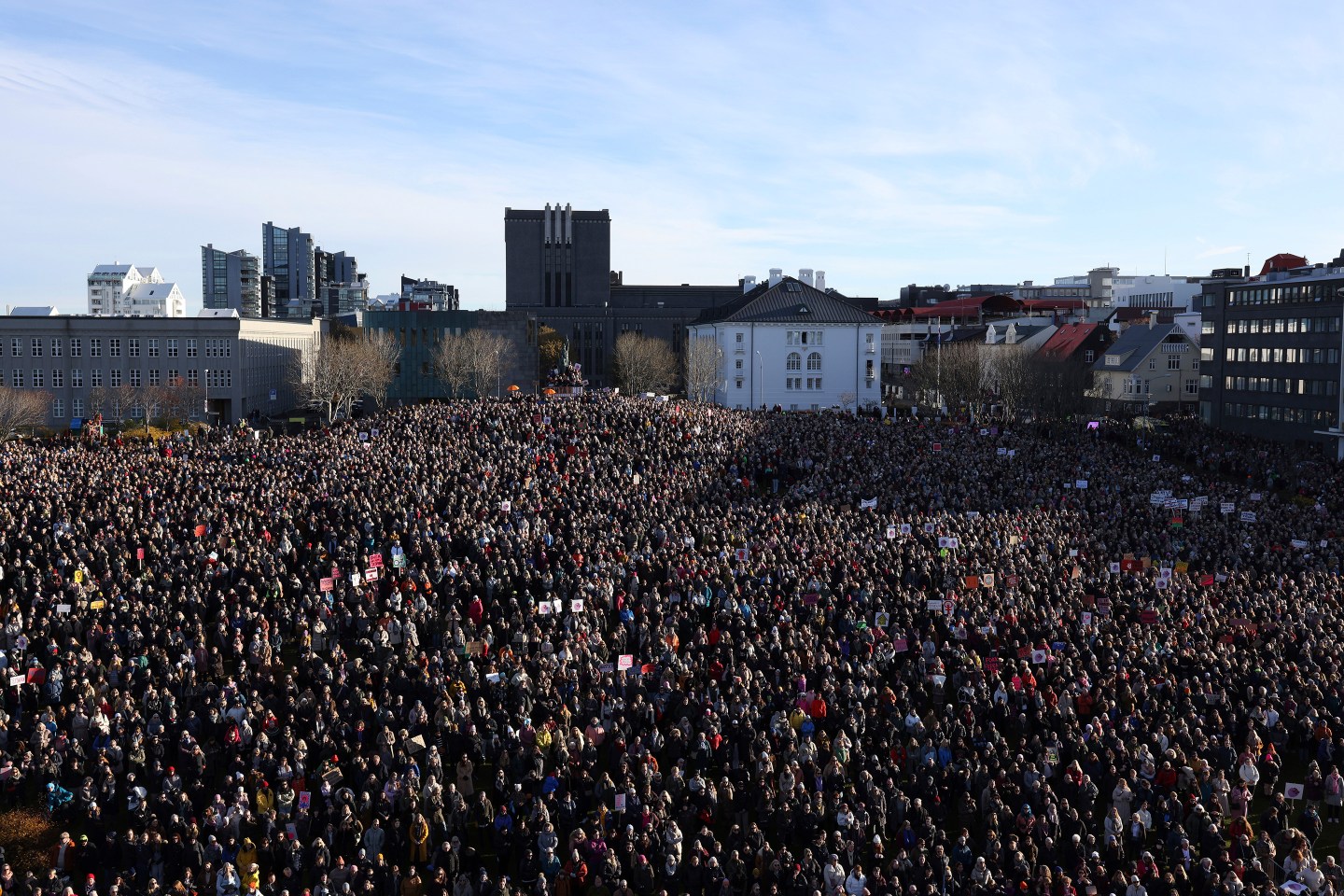 People across Iceland gather during the women's strike in Reykjavik, Iceland on Oct. 24, 2023.