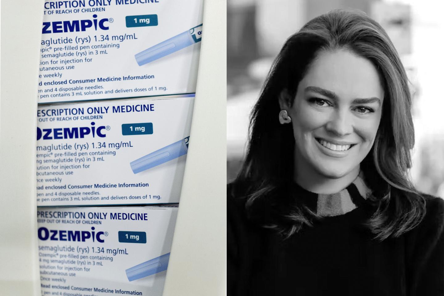 zoomed-in photo of ozempic drug packaging next to a portrait of a woman smiling