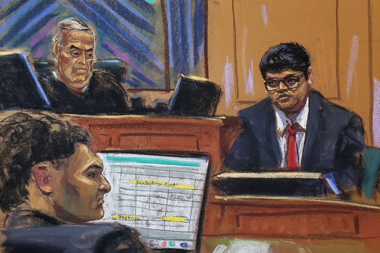 Court sketch of Nishad Singh testifying in court with a profile of Sam Bankman Fried.