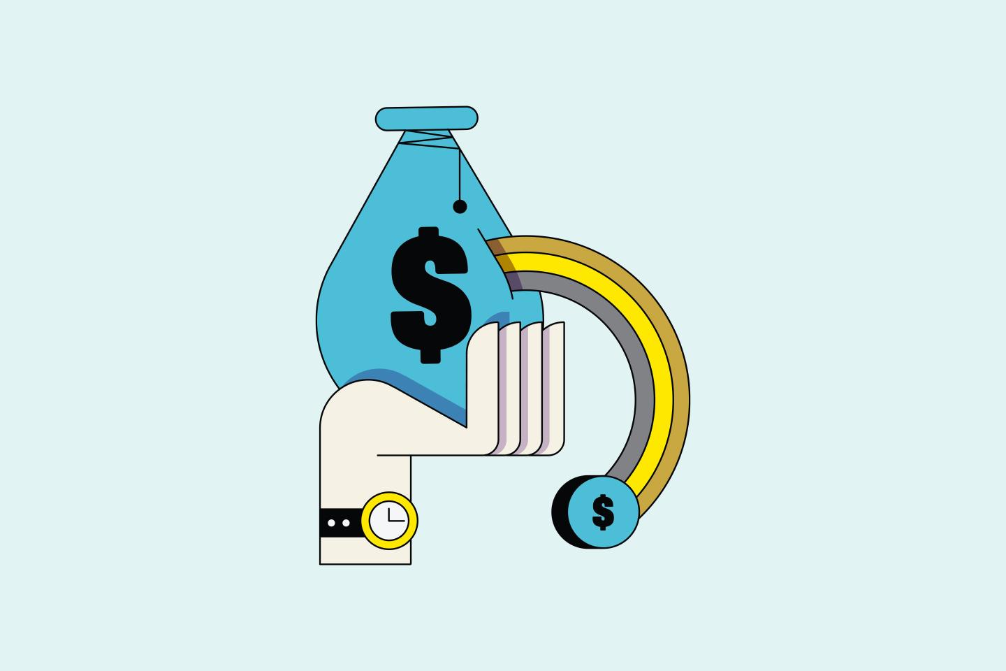 Artistic rendering of a hand holding a bag of money