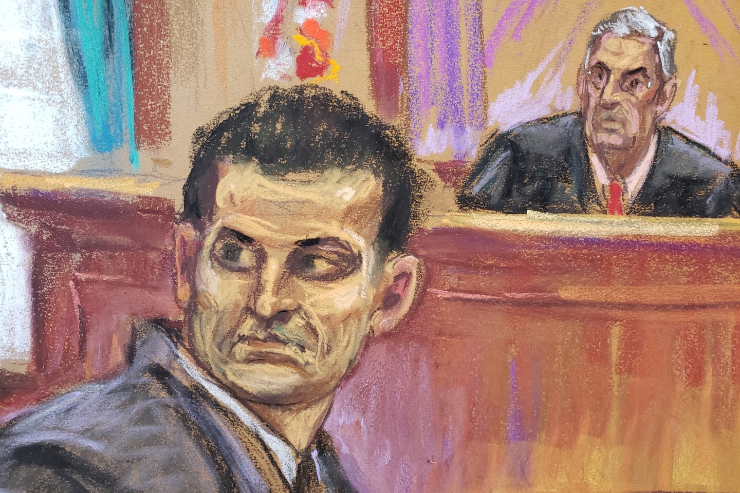 A sketch of Sam Bankman-Fried turning to check out potential jurors for his fraud trial in New York City on Oct. 3, 2023.