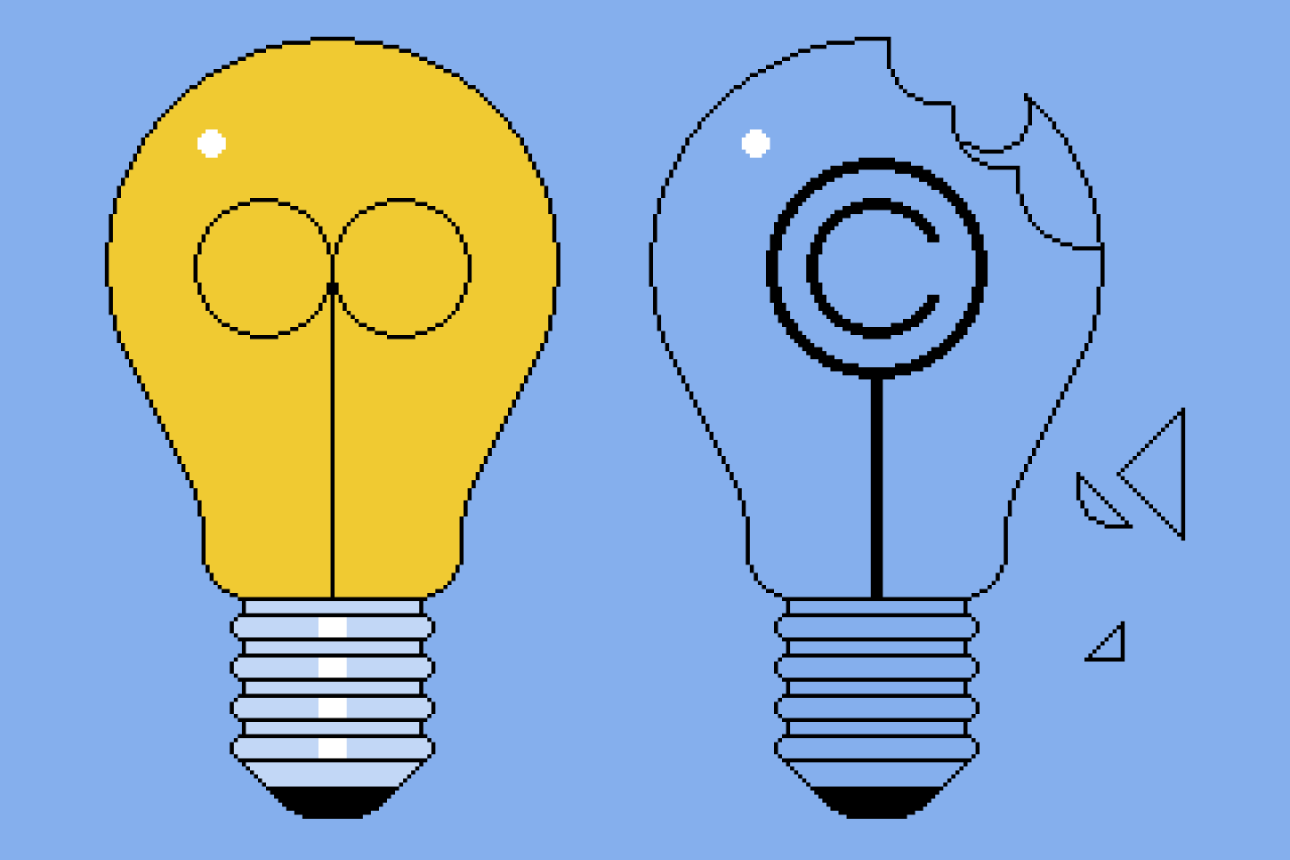 illustration of one working lightbulb and one broken lightbulb with a copyright symbol