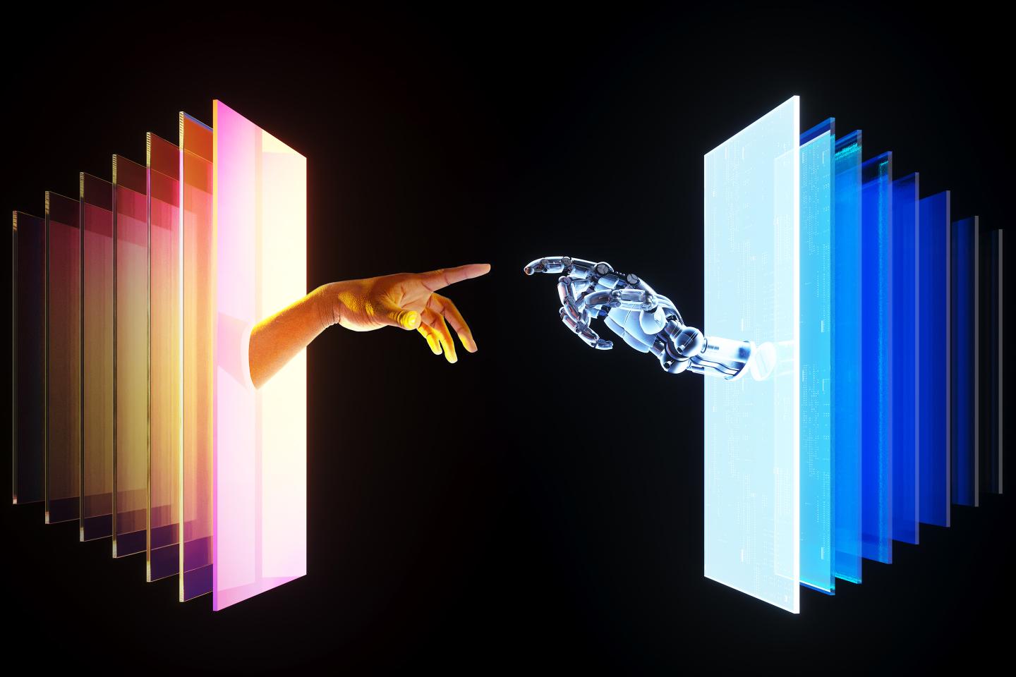 digital generate image of hand going through portal touching robotic hand.
