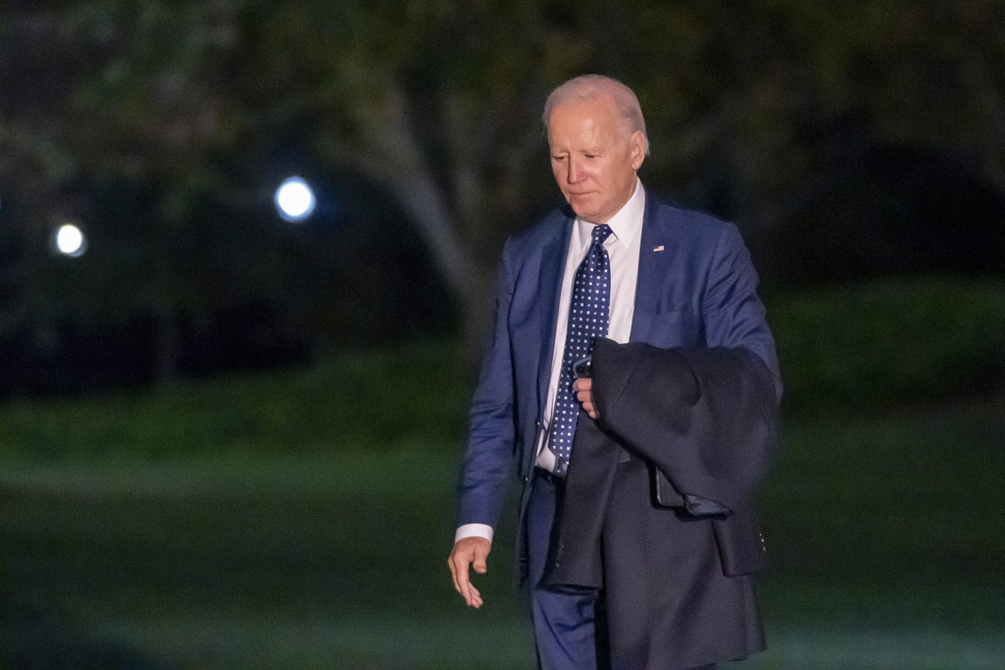 President Joe Biden walks from Marine One upon arrival on the South Lawn of the White House, on Nov. 1, 2023, in Washington. 