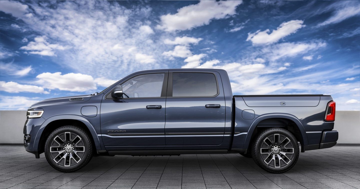 The 2025 Ram 1500 Ramcharger Tungsten can travel 145 miles on electricity and has a V6 gas-powered generator that can recharge the battery while the truck is moving.