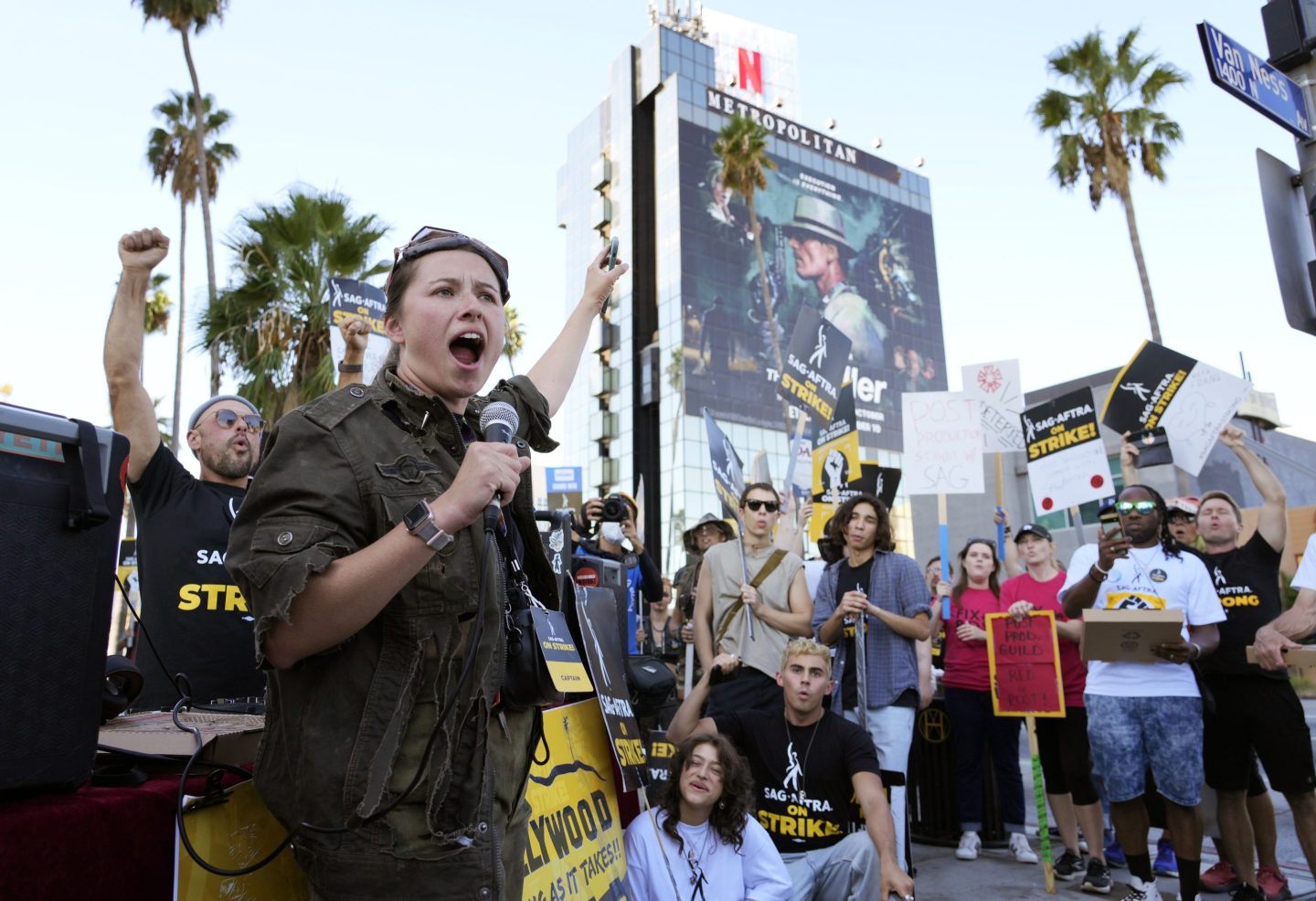 SAG-AFTRA captain Mary M. Flynn rallies fellow striking actors on a picket line outside Netflix studios, on Nov. 8, 2023, in Los Angeles.
