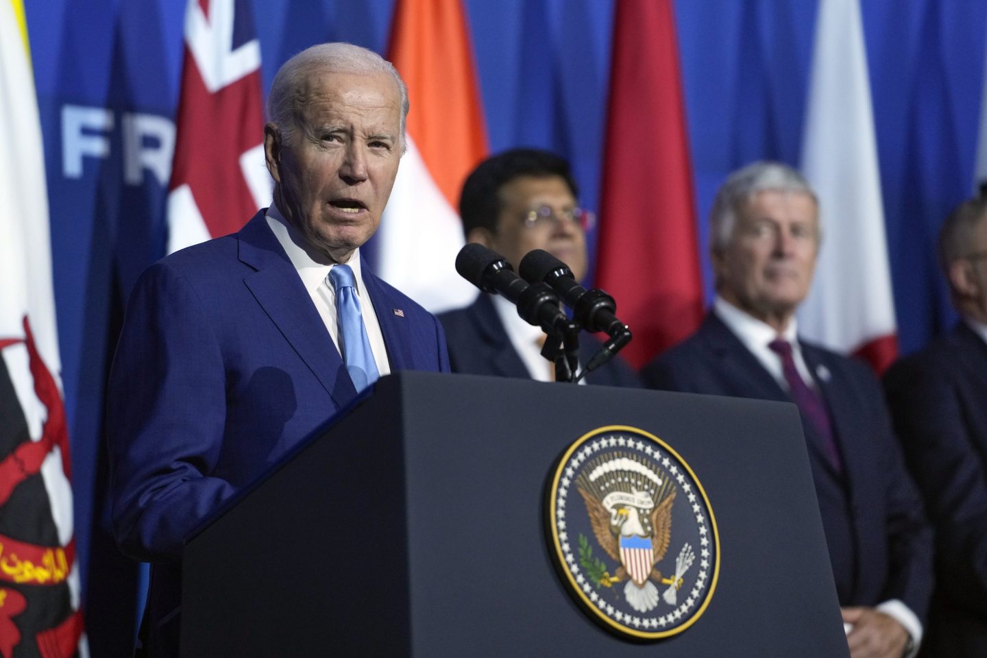 President Joe Biden speaks after the Indo-Pacific Economic Framework family photo at the Asia-Pacific Economic Cooperation summit, on Nov. 16, 2023, in San Francisco.