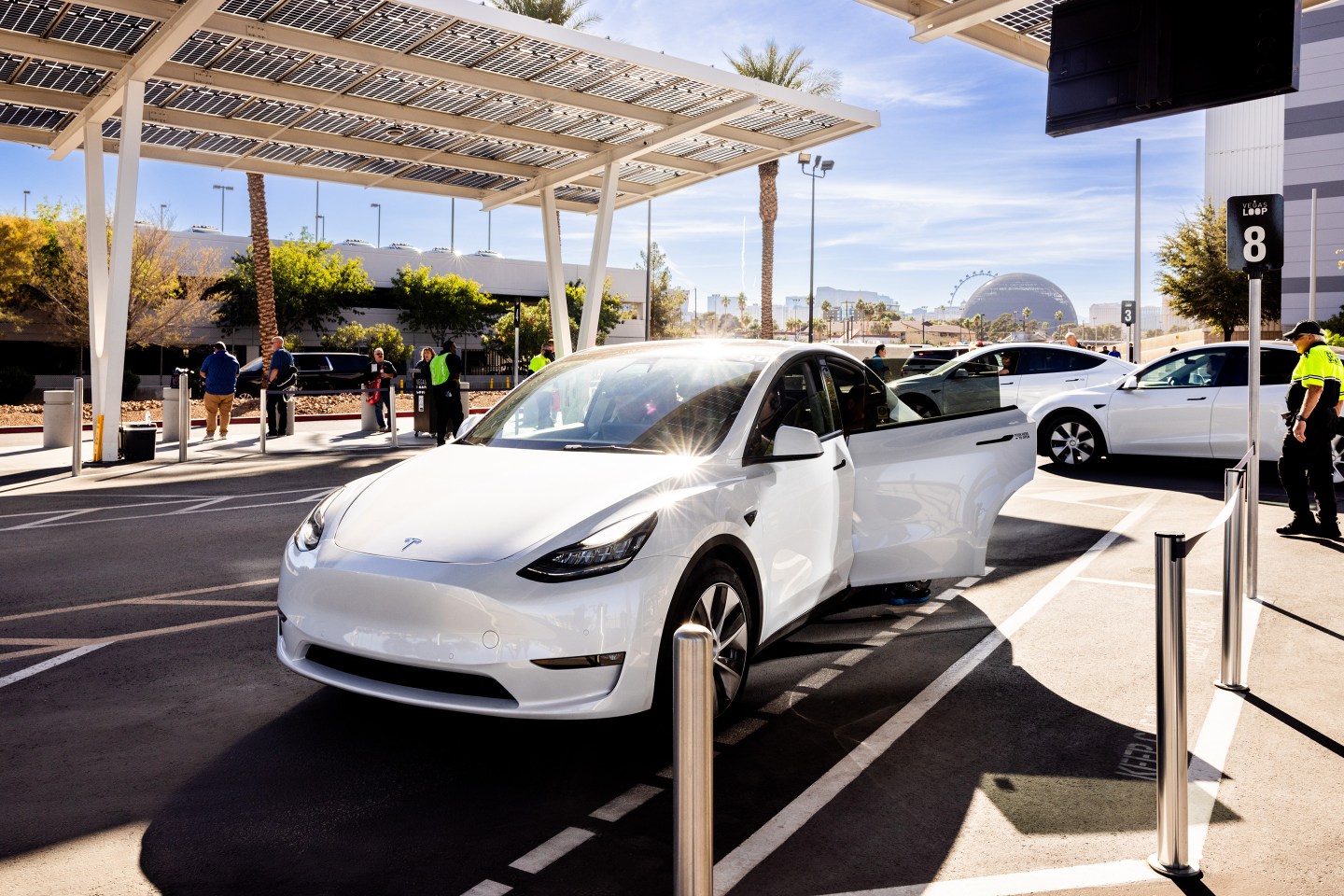 Tesla’s drop off and pick up convention attendees at the LVCC South Hall Station on Oct. 31.