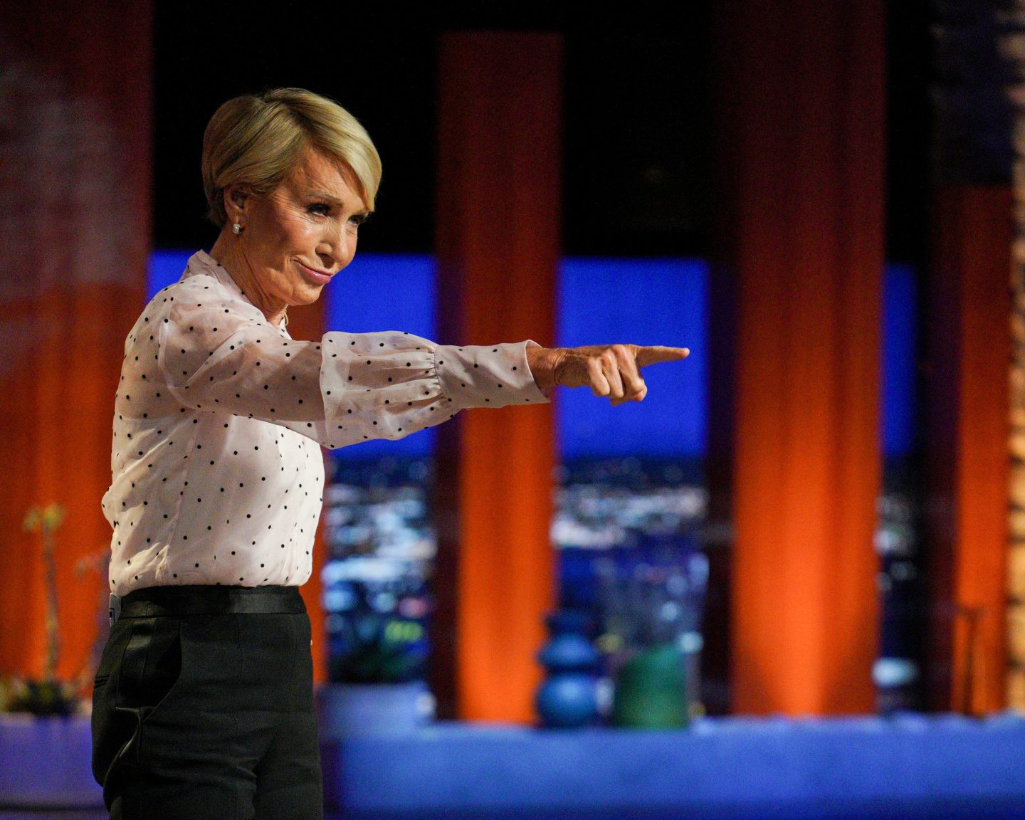 ABC's "Shark Tank" Barbara Corcoran standing up and pointing
