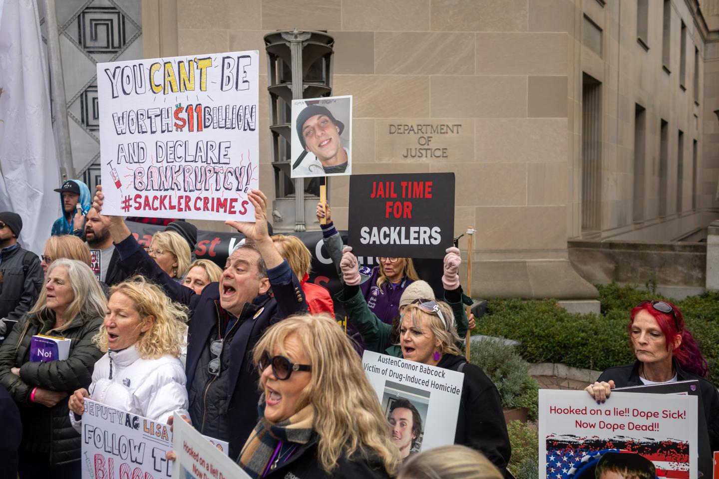 People from across the United States, who lost loved ones due to the opioid epidemic, rallied at the Department of Justice in Washington DC, calling on Attorney General Merrick Garland and Deputy AG Lisa Monaco to bring criminal charges against members of the Sackler family