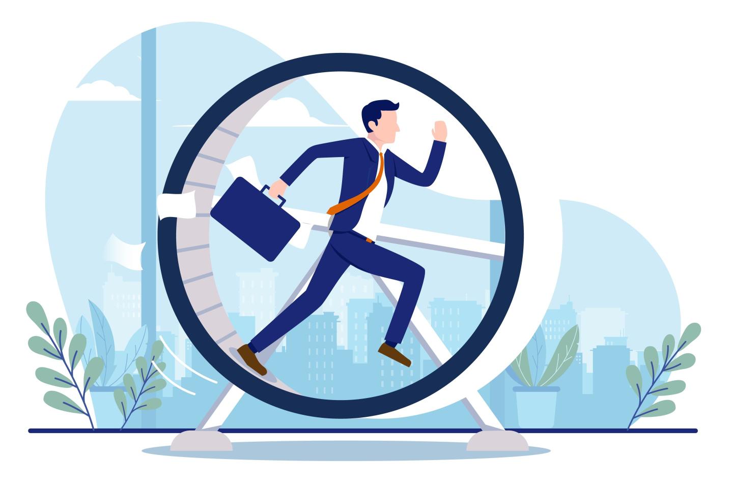 Illustration of a businessman running on a hamster wheel.