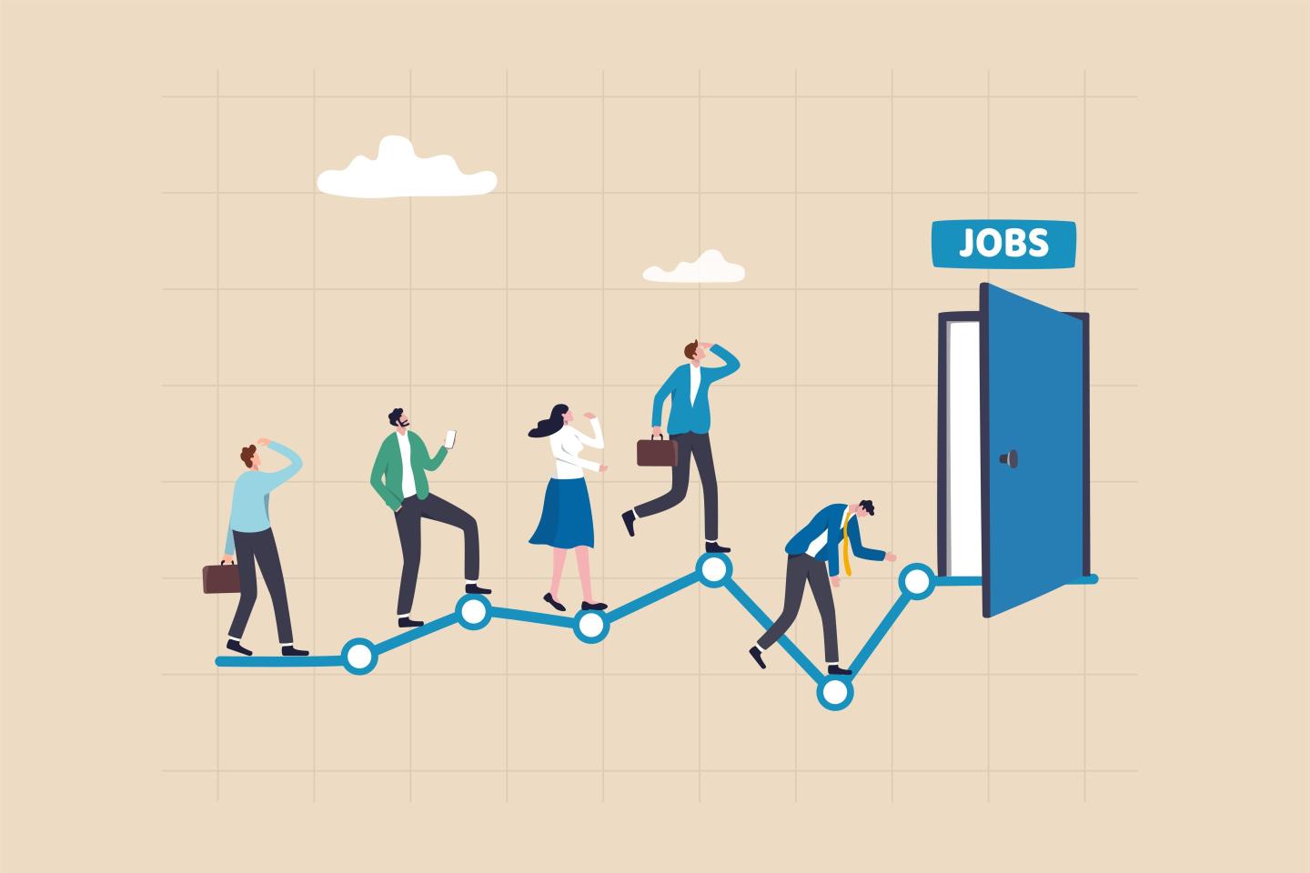 Illustration of a line graph leading to an open door with a sign reading "jobs" above it. People are standing over various parts of the graph.