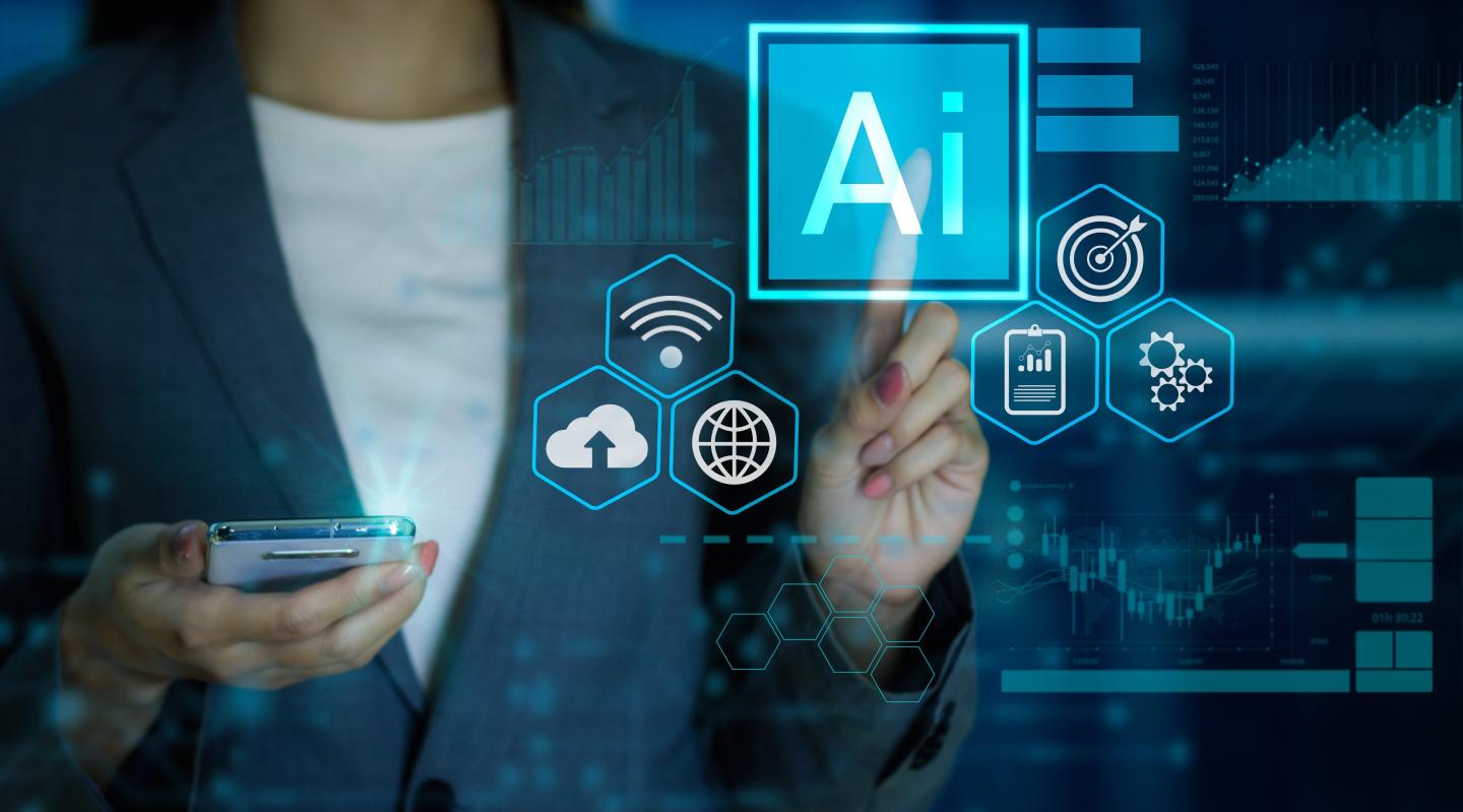 Businesswoman pressing AI button on hologram virtual screen.