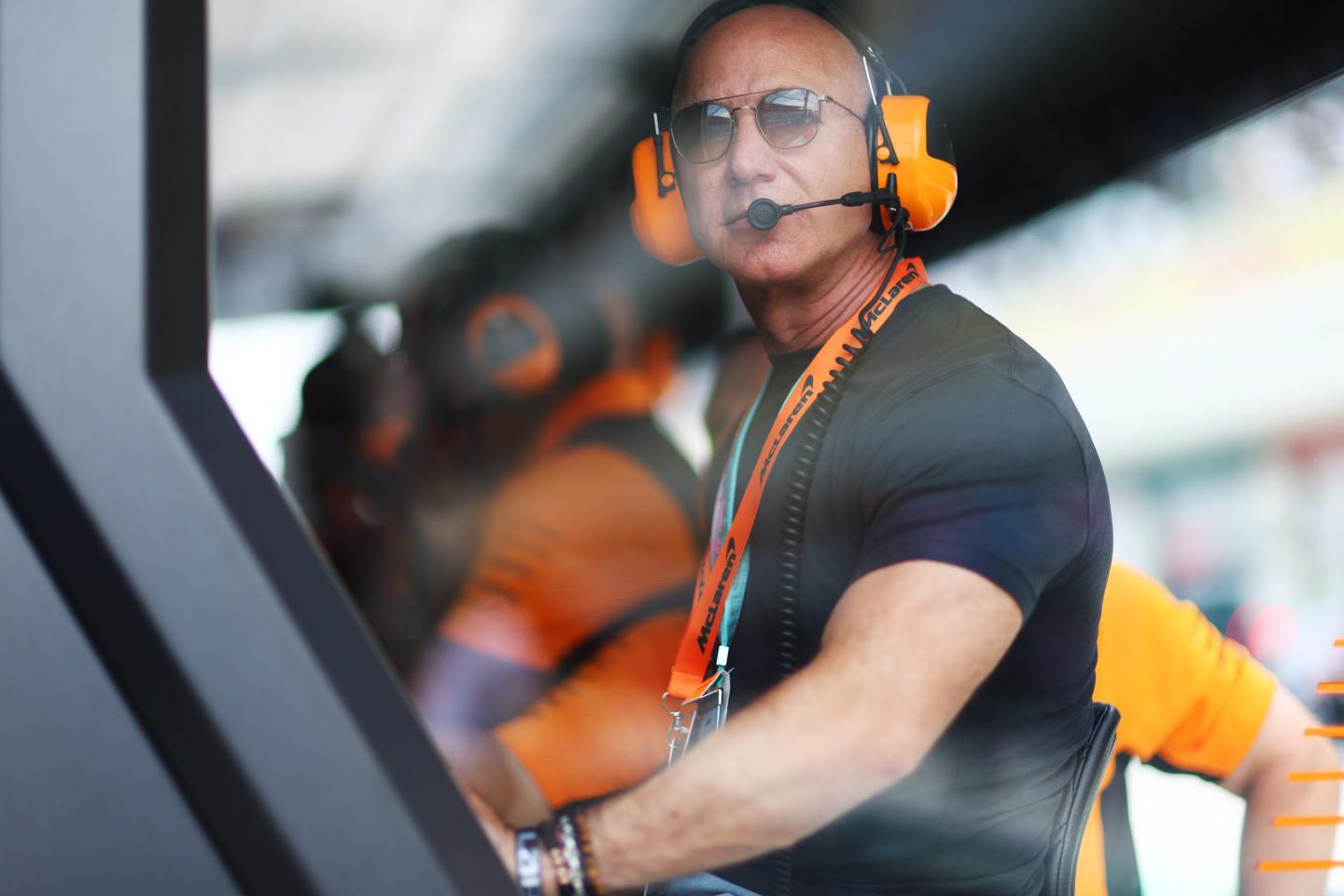 Jeff Bezos looks on from the McLaren pitwall during final practice ahead of the F1 Grand Prix of Miami at Miami International Autodrome on May 06, 2023 in Miami, Florida.