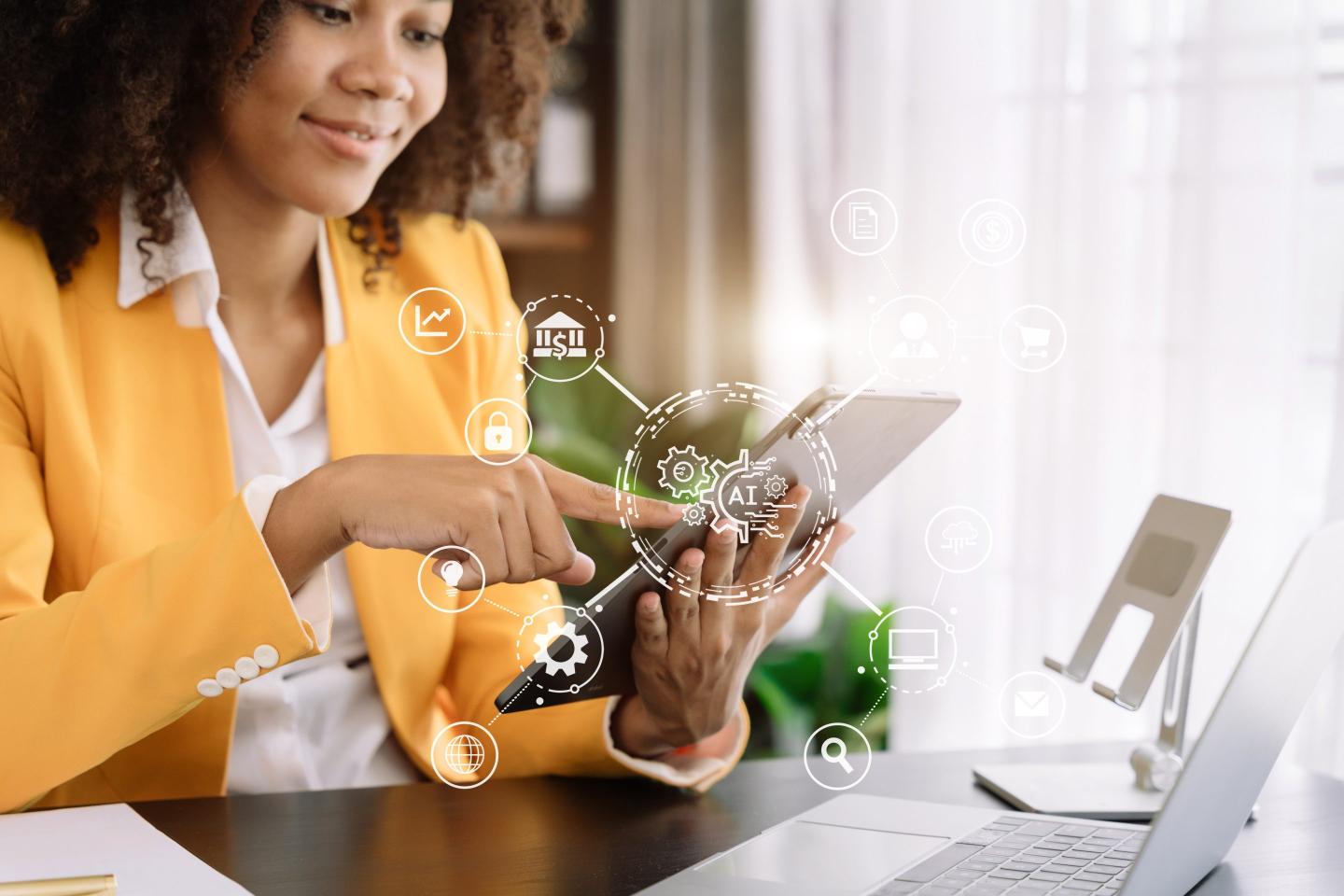 Digital transformation technology strategy, woman using laptop, tablet and smartphone with of things. transformation of ideas and the adoption.