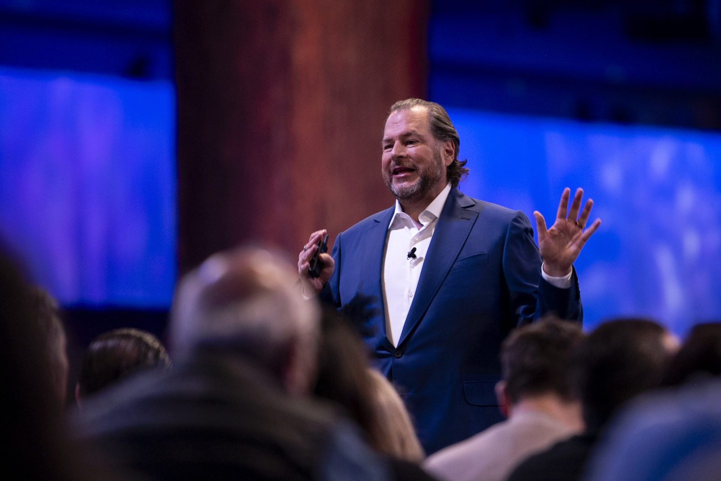 Marc Benioff, chief executive officer of Salesforce.com Inc., speaks during a keynote at the 2023 Dreamforce conference in San Francisco, California, US, on Tuesday, Sept. 12, 2023. Benioff said new product features, including those powered by artificial intelligence, will be demonstrated at the company's annual conference in September. Photographer: Marlena Sloss/Bloomberg via Getty Images