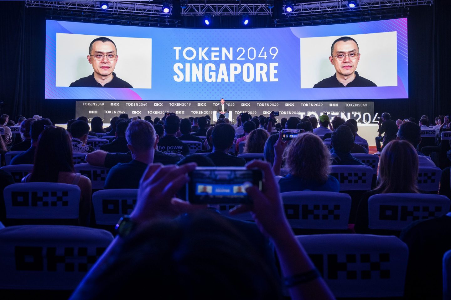 Changpeng Zhao, CEO of Binance, speaks virtually at a crypto conference in Singapore.