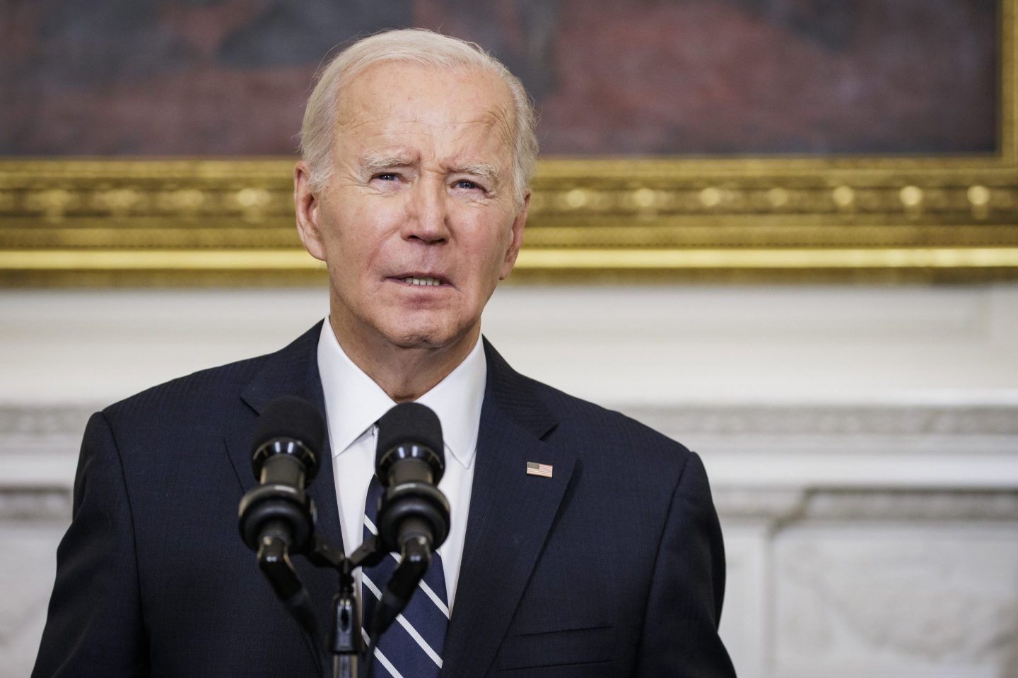 President Joe Biden speaks on the terrorist attacks in Israel from the State Dining Room at the White House on October 7, 2023 in Washington, DC.