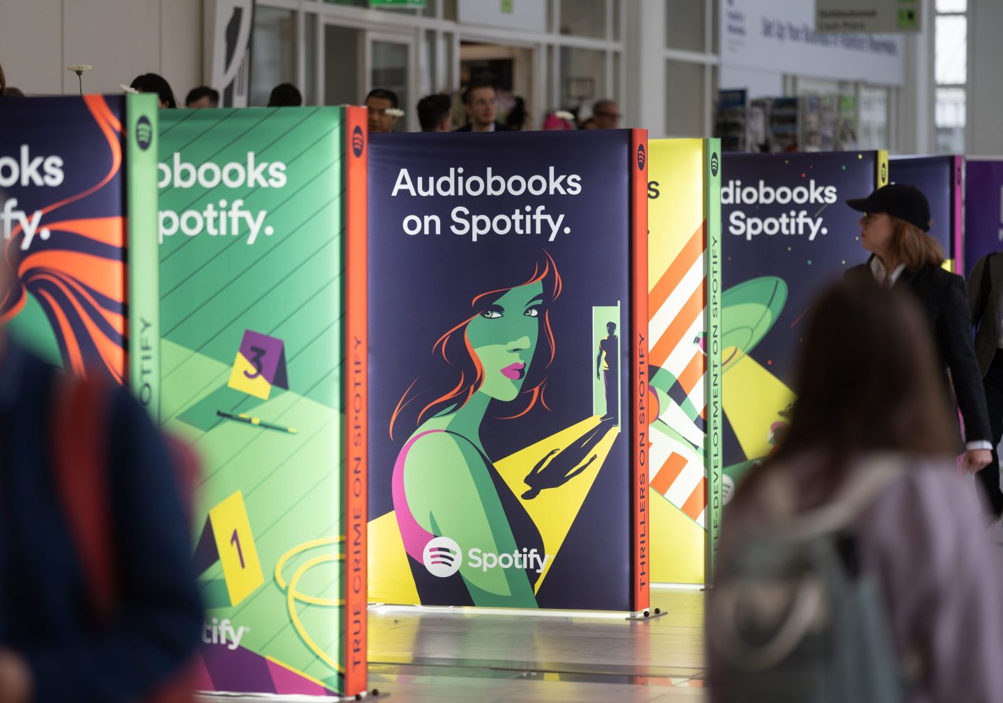 19 October 2023, Hesse, Frankfurt/Main: Advertising for audiobooks on Spotify can be seen at the 75th Frankfurt Book Fair Photo: Frank Rumpenhorst/dpa (Photo by Frank Rumpenhorst/picture alliance via Getty Images)