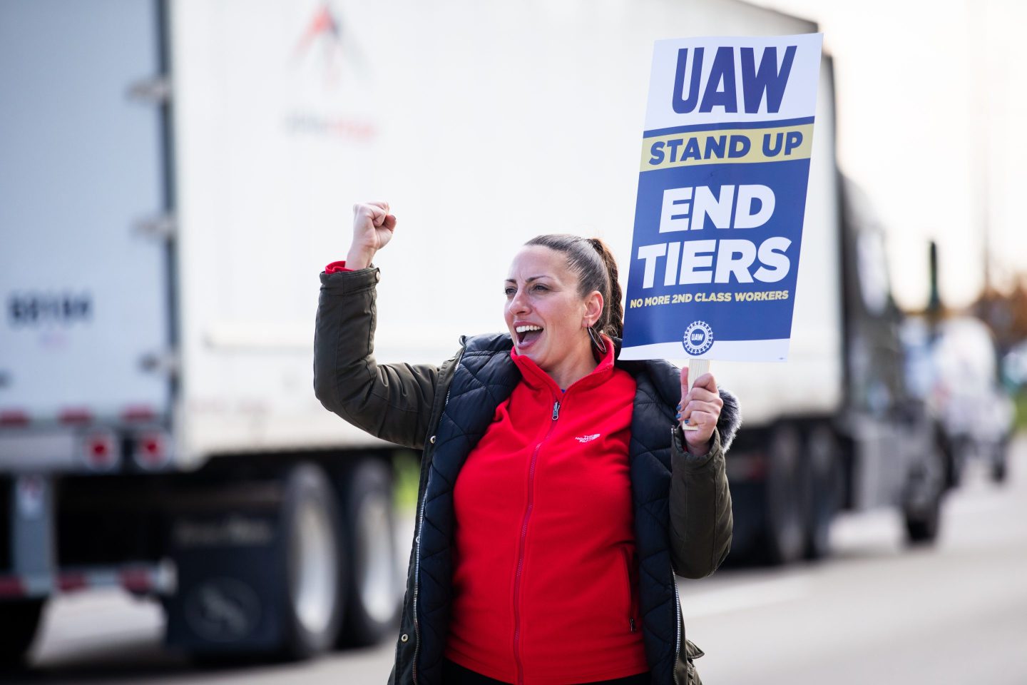United Auto Workers (UAW) members on a picket line outside a Stellantis assembly plant in Sterling Heights, Michigan, on Oct. 23.