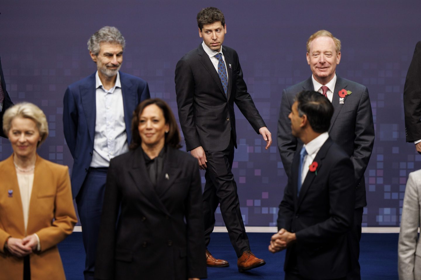 Sam Altman, chief executive officer of OpenAI, centre, for a family photo on day two of the AI Safety Summit 2023 at Bletchley Park in Bletchley, UK, on Thursday, Nov. 2, 2023. The two-day summit was prompted by UK concerns about powerful artificial intelligence models expected to be released next year, which will have capabilities the government fears not even developers understand. Photographer: Tolga Akmen/EPA/Bloomberg via Getty Images