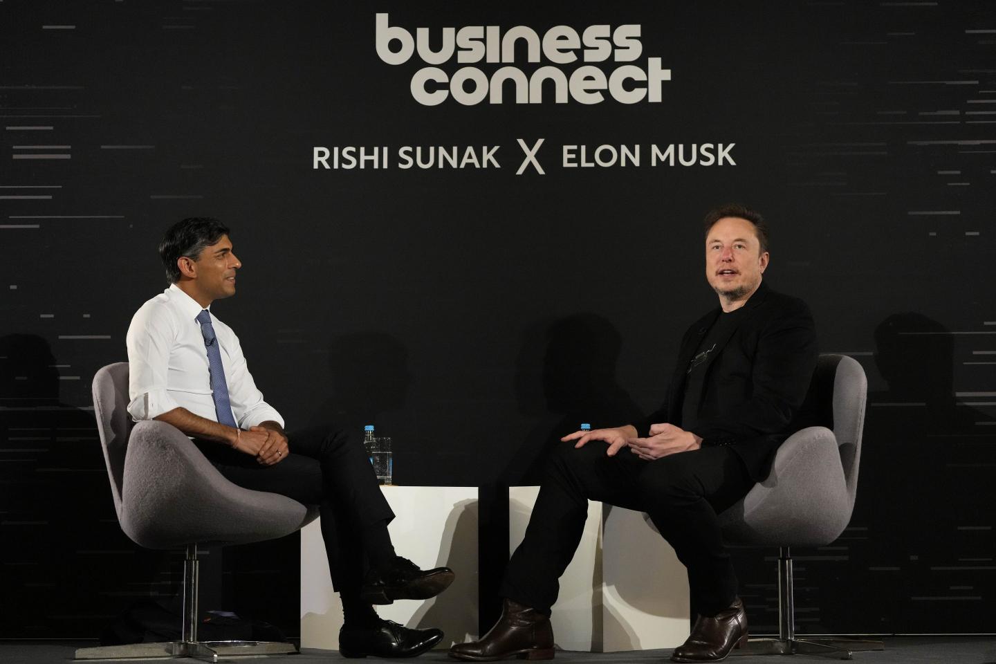 British Prime Minister Rishi Sunak (L) attends an in-conversation event with Tesla and SpaceX's CEO Elon Musk at Lancaster House on Nov. 2, 2023 in London.