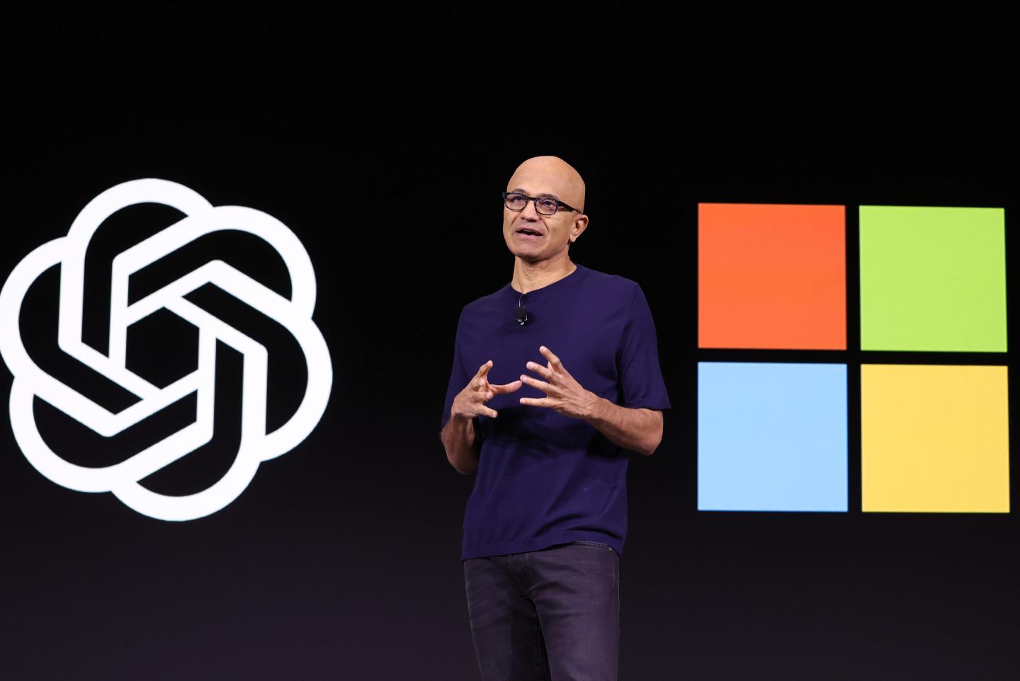 Microsoft CEO Satya Nadella speaks on stage