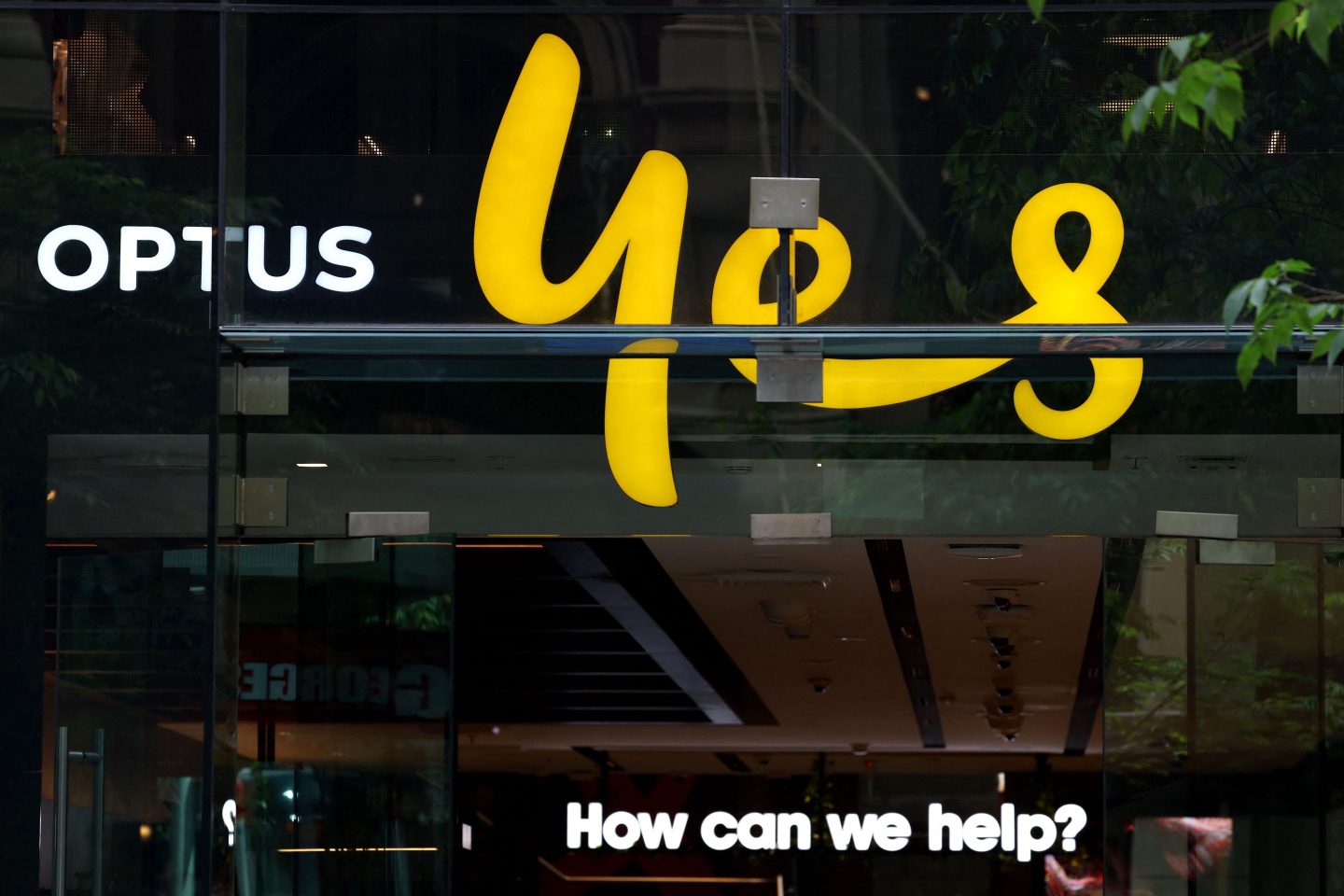 Illuminated signs displayed in the window of an outlet for the Australian communications company Optus.