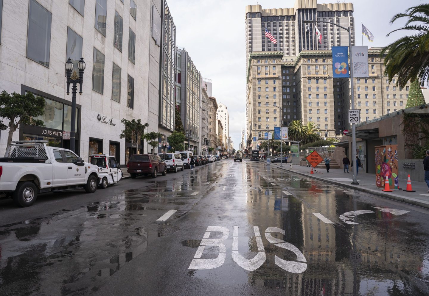A vehicle cleans a San Francisco street near Union Square during the 2023 Asia-Pacific Economic Cooperation Summit.