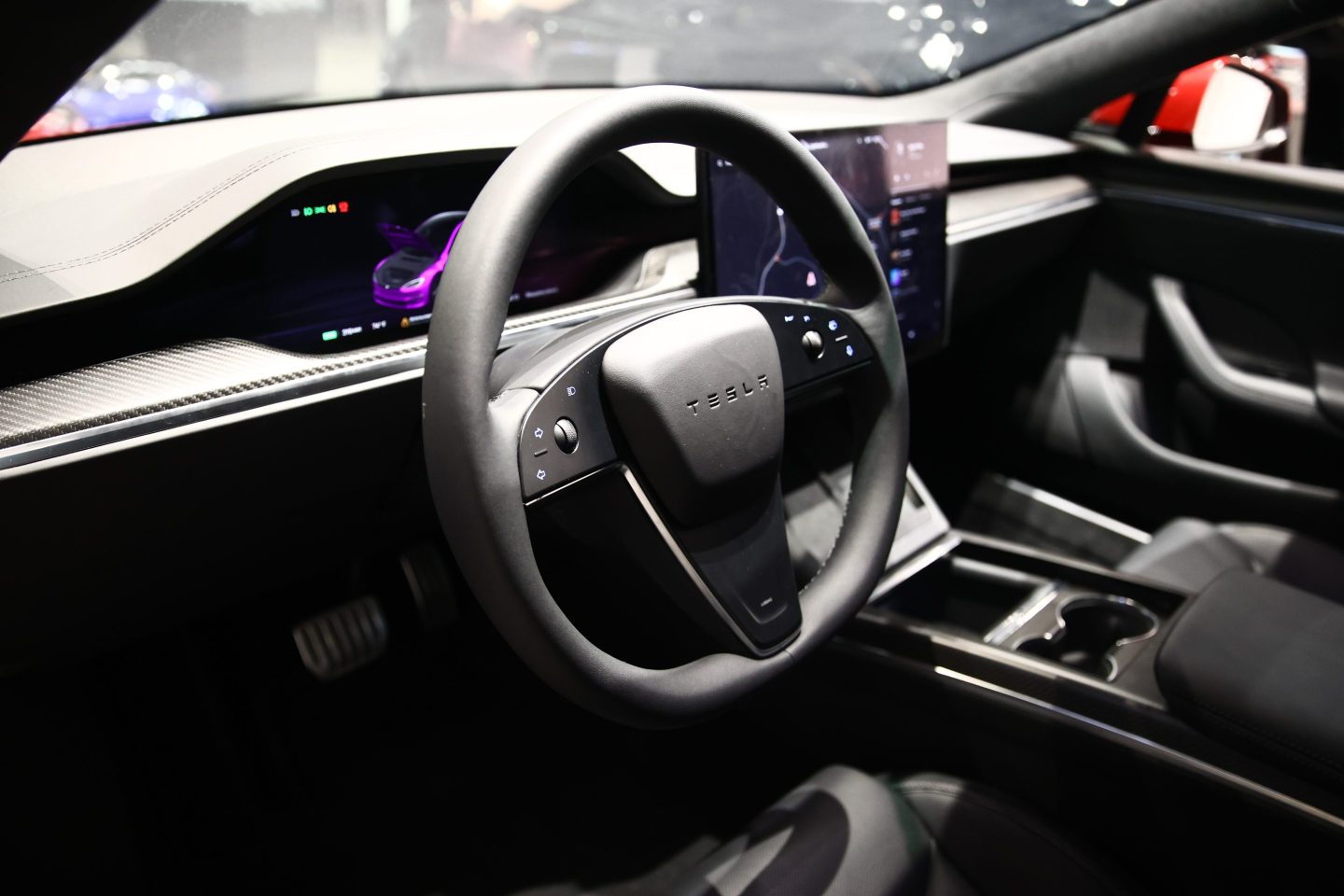 Inside view of Tesla car at the showroom in Santa Monica