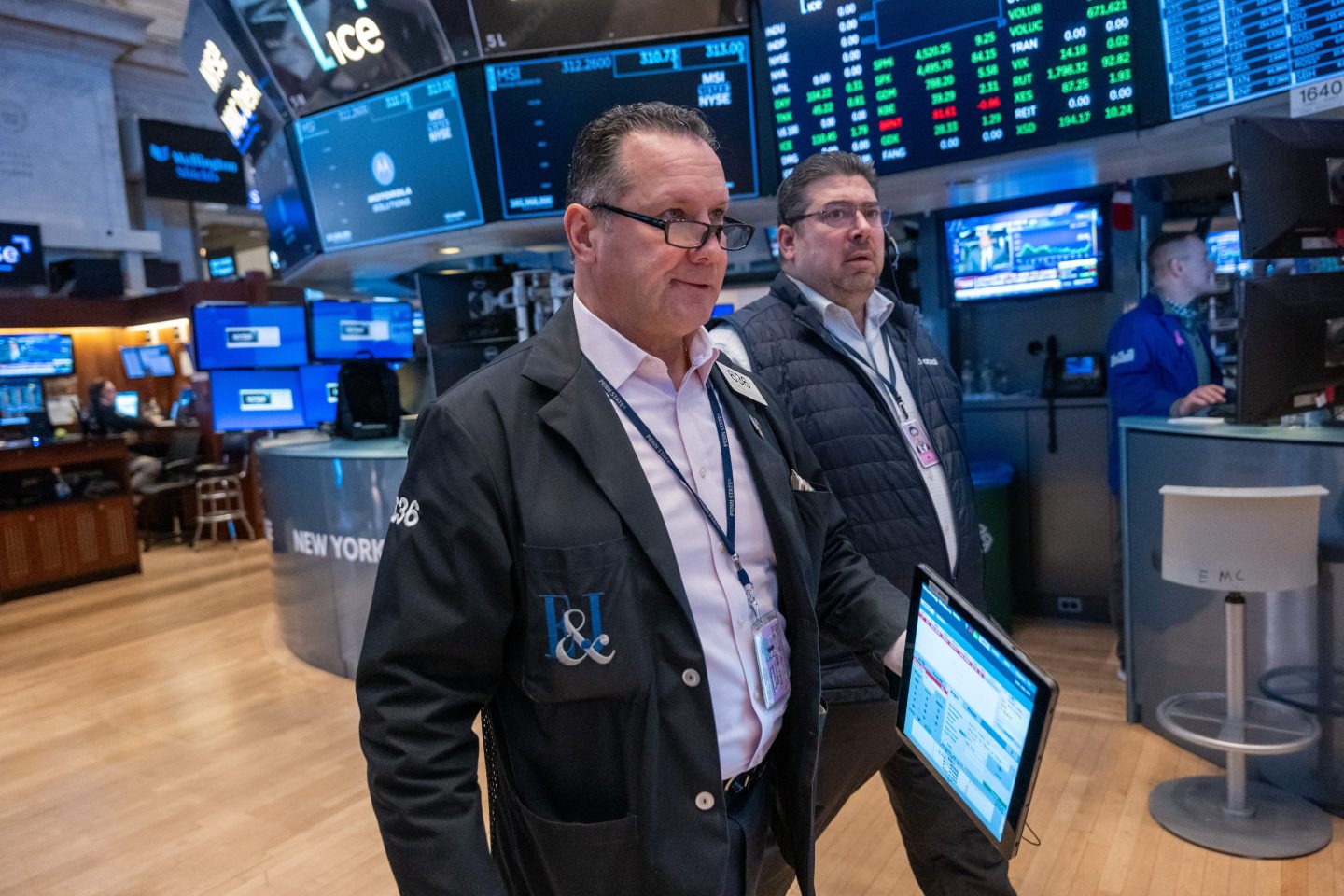 Traders work on the floor of the New York Stock Exchange (NYSE) on November 15, 2023 in New York City.