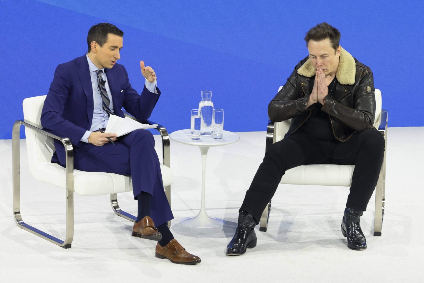 NYT Columnist Andrew Ross Sorkin and C.E.O. of Tesla, Chief Engineer of SpaceX and C.T.O. of X Elon Musk speak during the New York Times annual DealBook summit on November 29, 2023 in New York City.