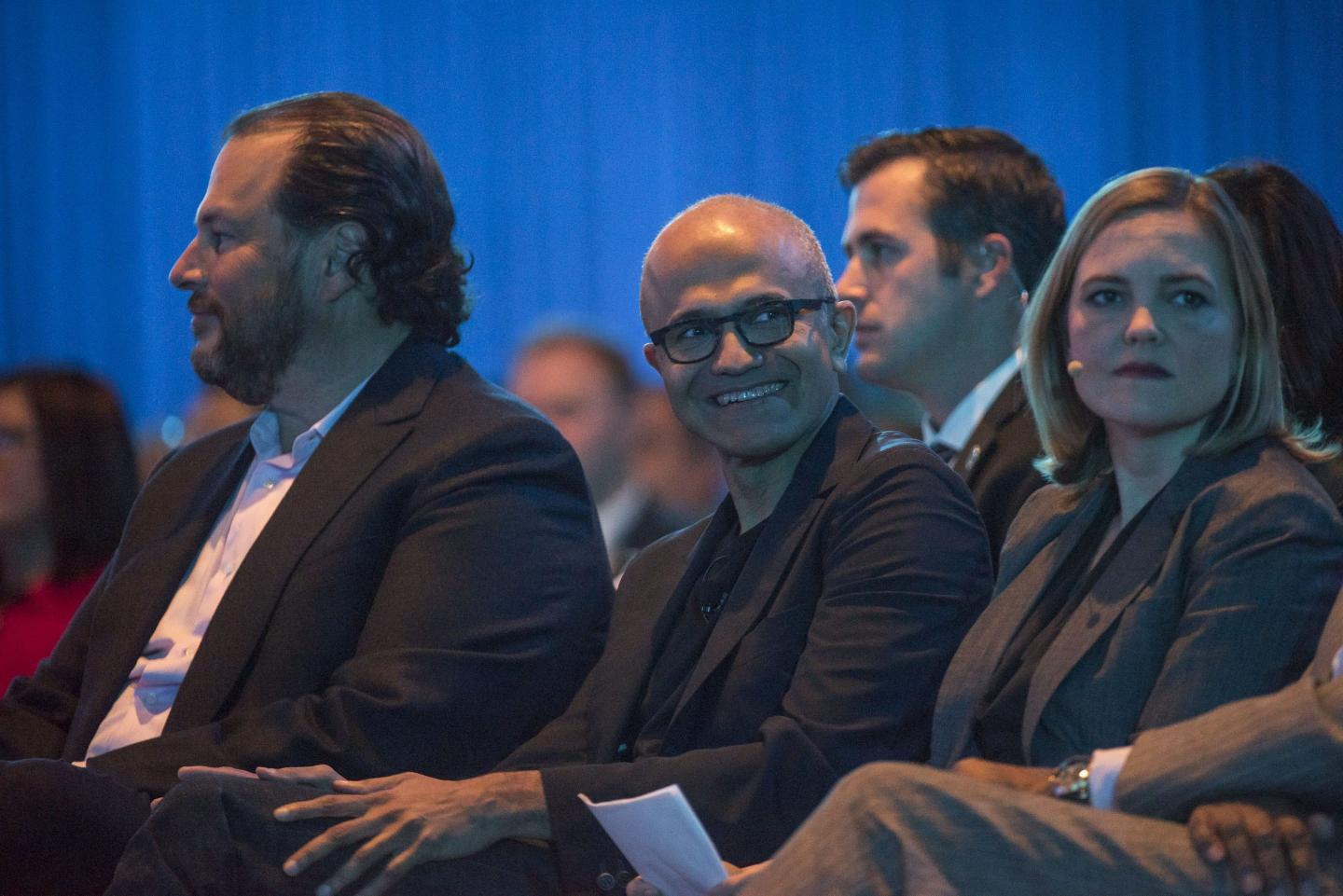 Salesforce CEO Marc Benioff (left) and Microsoft CEO Satya Nadella are on the hunt for OpenAI defectors