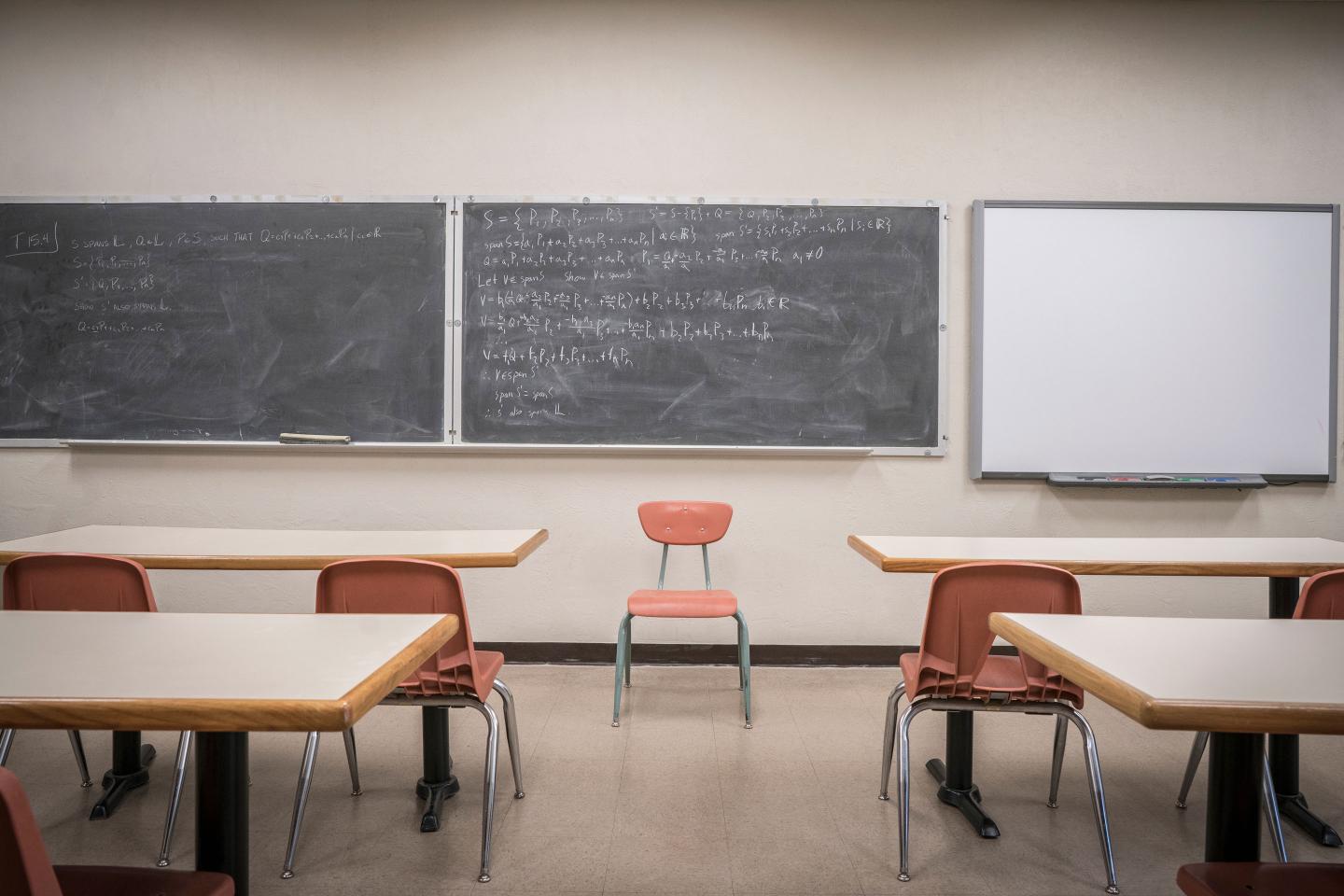 Equations on blackboard in empty classroom