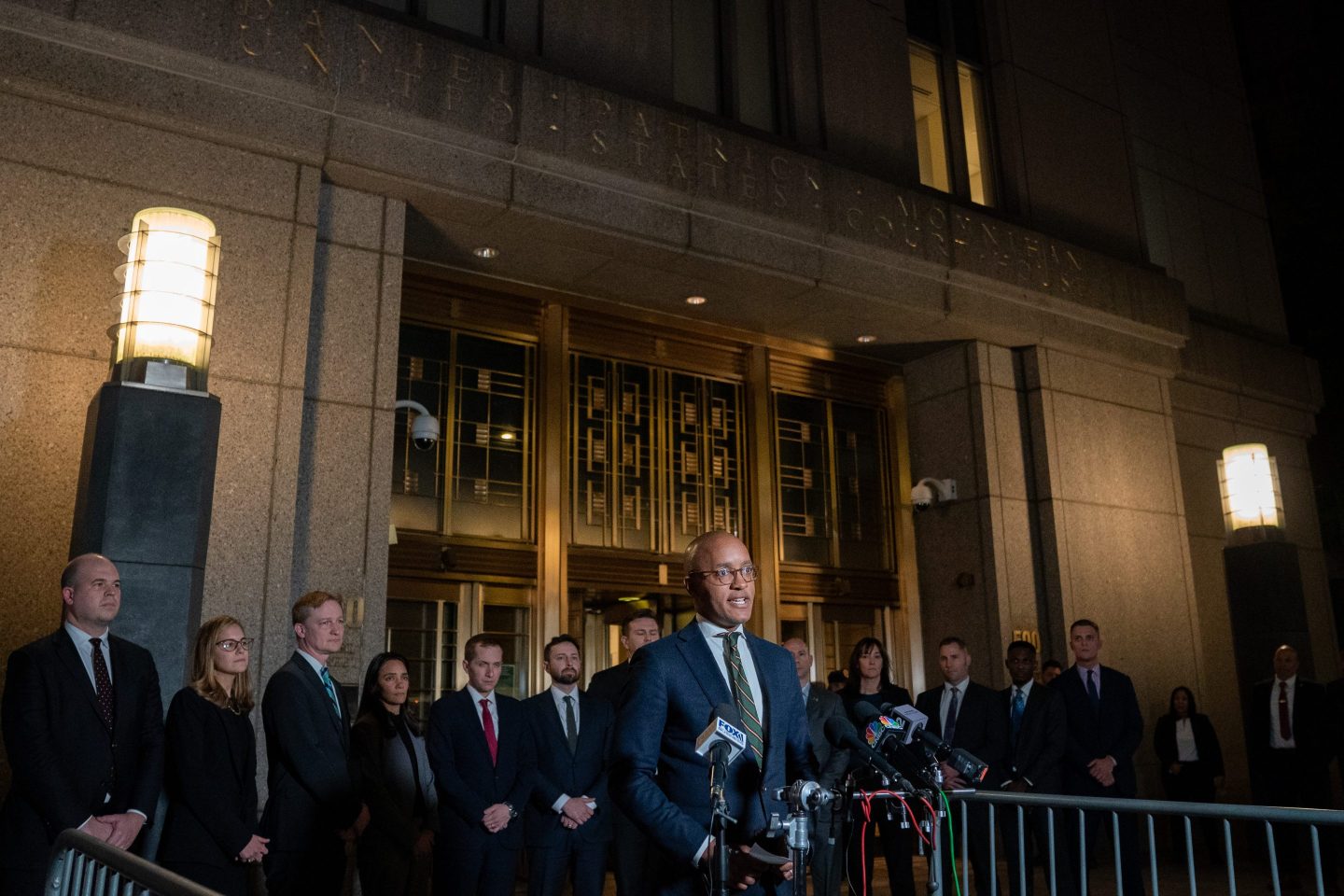 U.S. Attorney for the Southern District of New York Damian Williams addresses the media after a guilty verdict was reached in the fraud trial of Sam Bankman-Fried on Nov. 2, 2023.