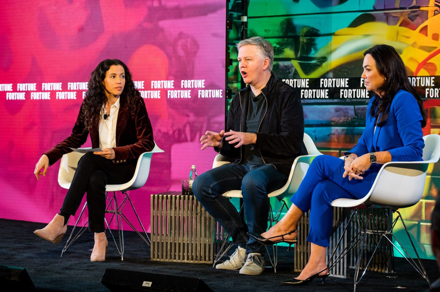 Cloudflare CEO Matthew Prince (middle) and PagerDuty CEO Jennifer Tejada (right) at Fortune's Brainstorm AI conference.