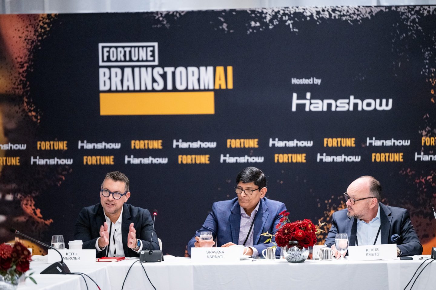 From left: Microsoft's Keith Mercier, Walmart's Sravana Karnati, and Hanshow's Klaus Smets speaking at the Future of Retail panel at Fortune Brainstorm AI.