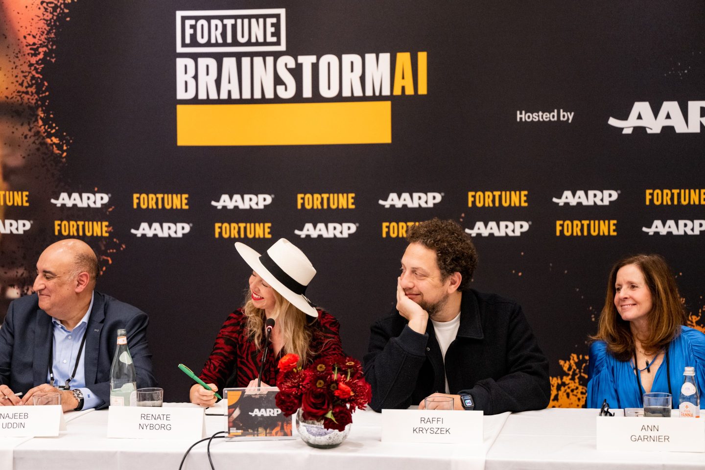 Panelists at the Fortune Brainstorm AI conference (from left) AARP CIO Najeeb Uddin, Meeno founder Renate Nyborg, Proto Hologram’s head of AI innovation Raffi Kryszek, and Lisa Health cofounder Ann Garnier.