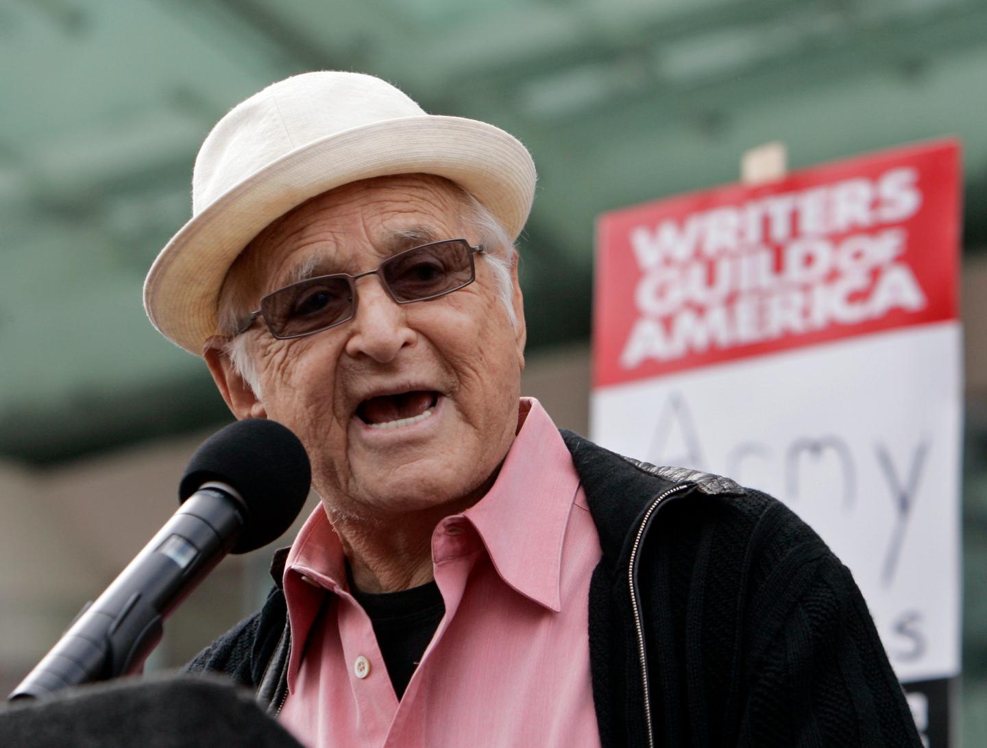 Norman Lear speaking during the Writers Guild of America strike